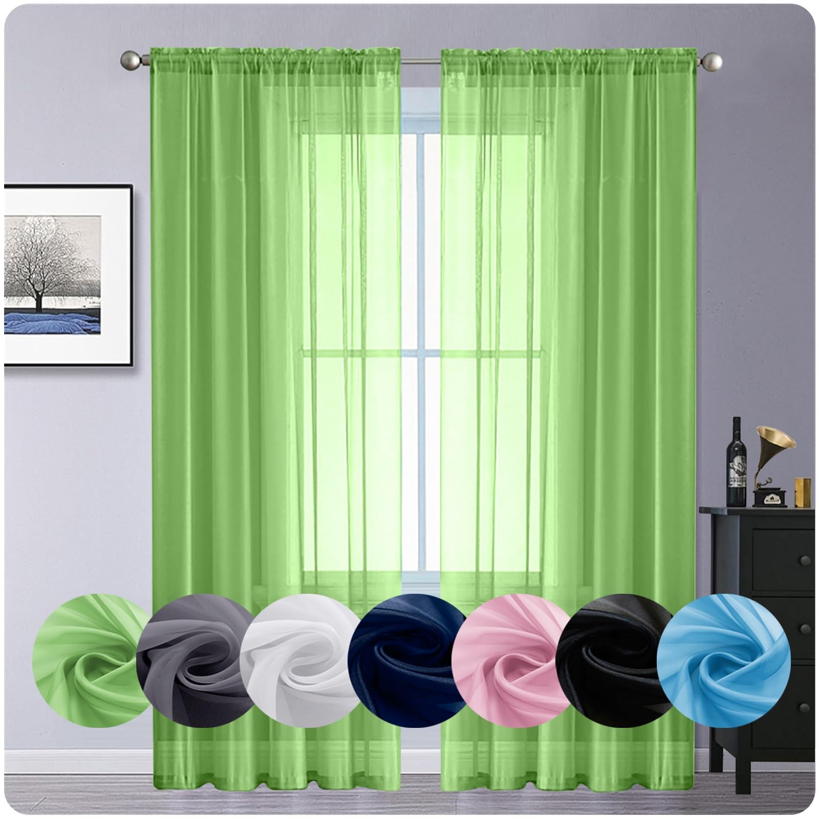 GAIFNAG White Voile Curtains for Bedroom 160 x 140 cm Drop Eyelet, Lightweight, Thermal Insulated Solid Curtains for Kitchens for Bedroom, Kitchen, Nursery, Tender Green
