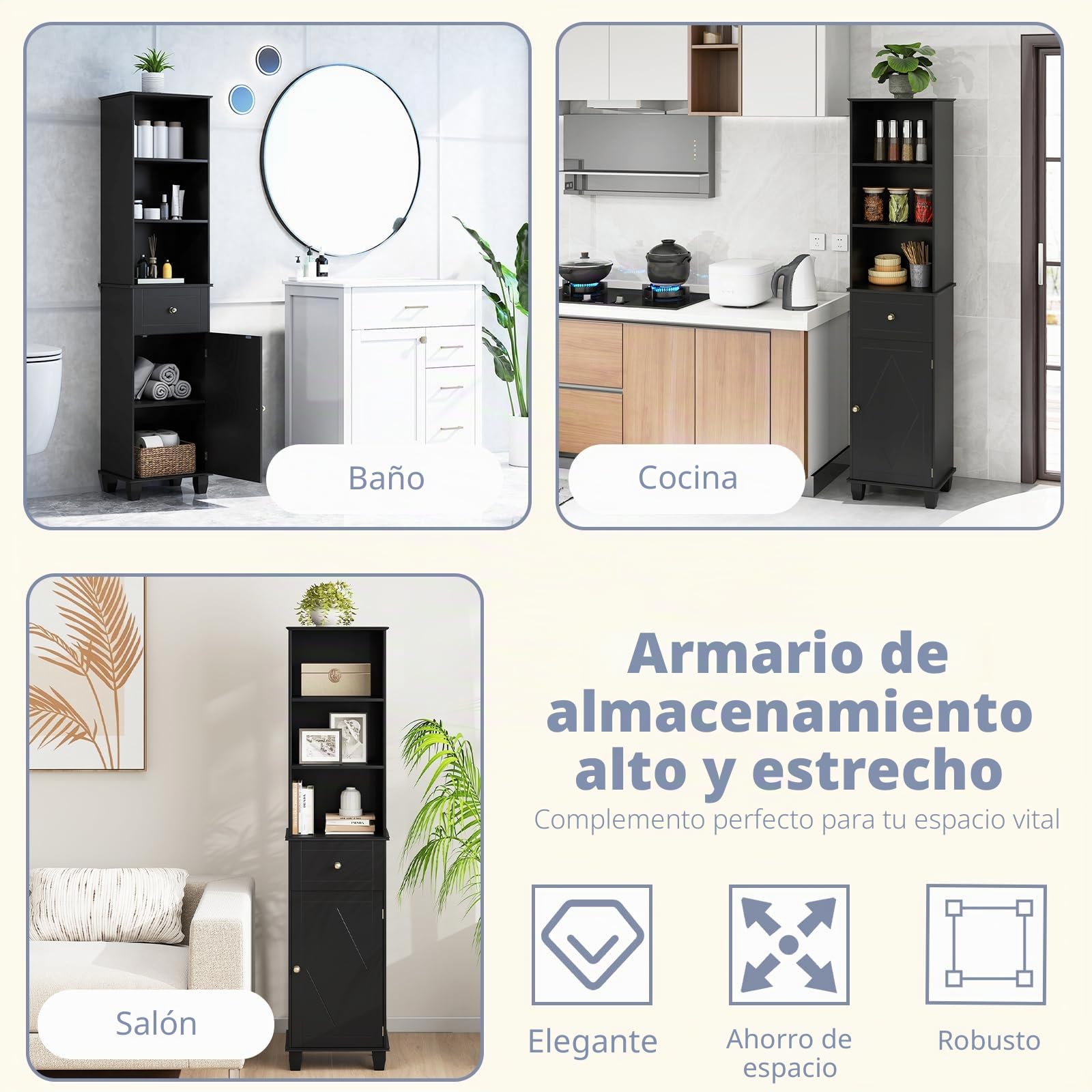 LIFEZEAL Mueble de Baño para Ahorrar Espacio, Columna Alta y Estrecha con 1 Cajón, 3 Estantes Abiertos, 1 Puerta y Patas de Madera Maciza, Armario Aparador para Cocina, Baño y Salón (Negro)