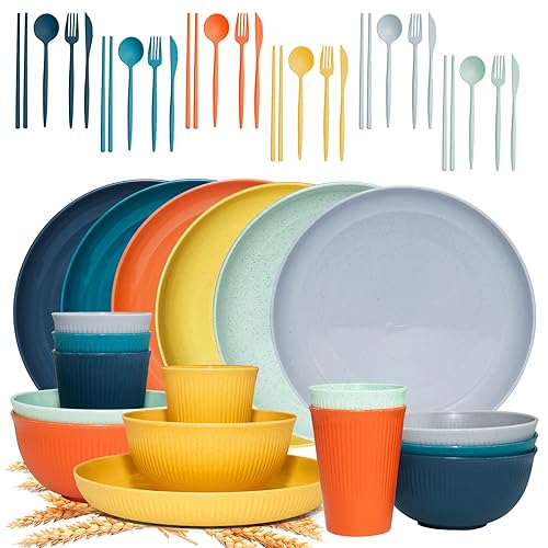 SHECIPIN 42Pcs Wheat Straw Dinnerware Sets, Unbreakable Plates and Bowls Sets, Eco Friendly Non Breakable Dinnerware, Dishwasher Microwave Safe Dinnerware