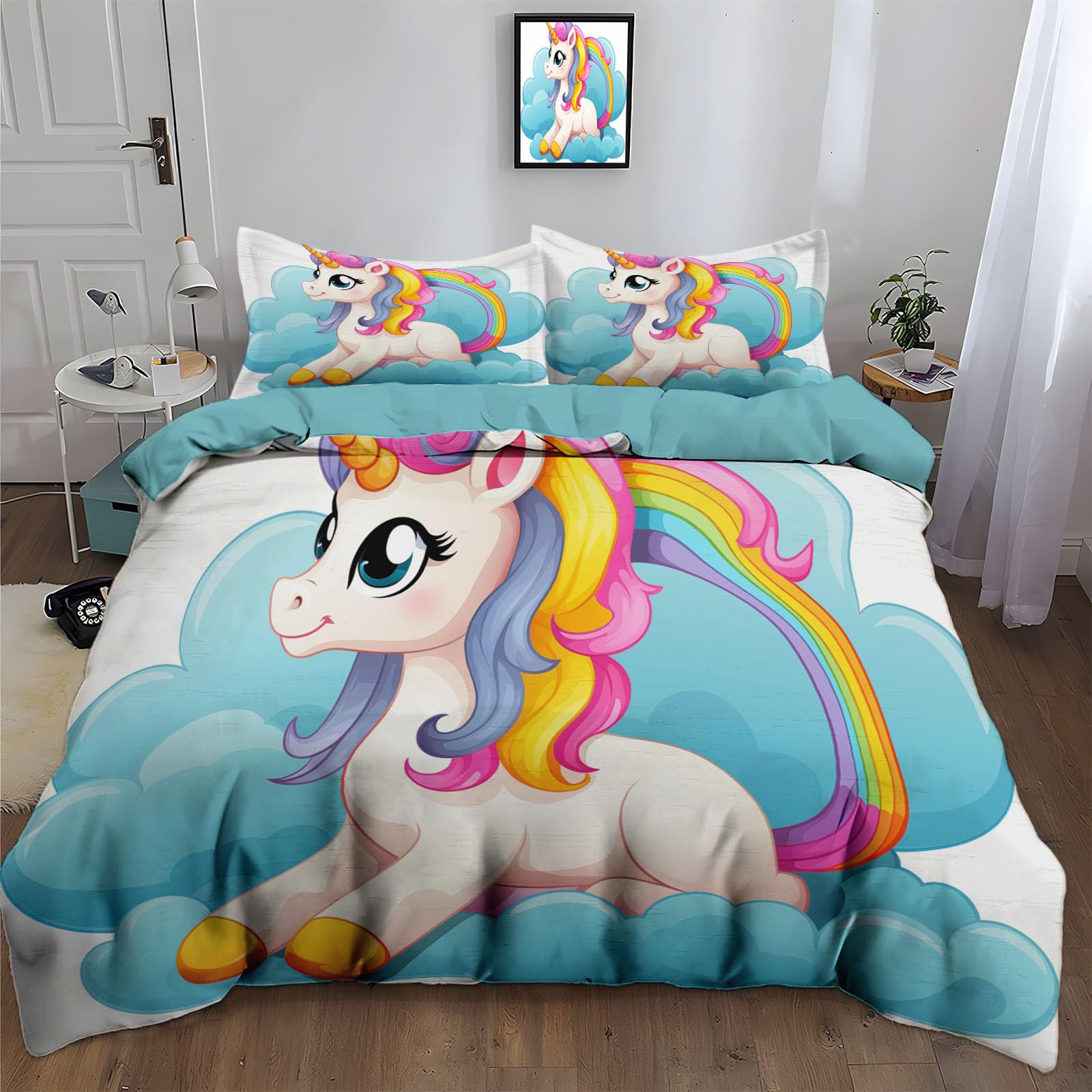 Housse de couette licorne grand lit lavable en machine avec zip pratique
