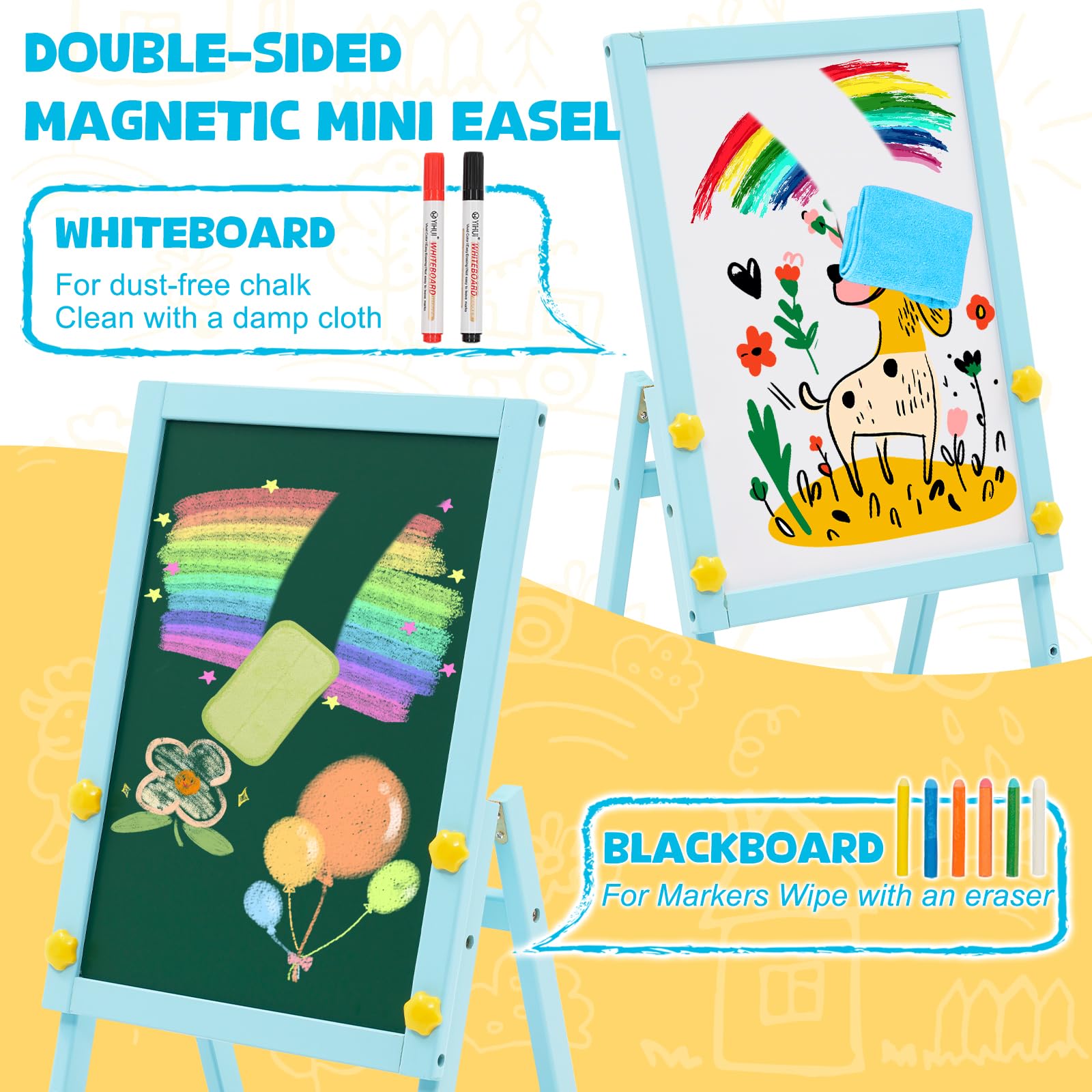 Lavagna in legno per bambini, Art Kids Easel cavalletto per l'arte Mini Blue Lavagna bifacciale e lavagna per bambini con numeri e altri accessori per bambini e bambini.