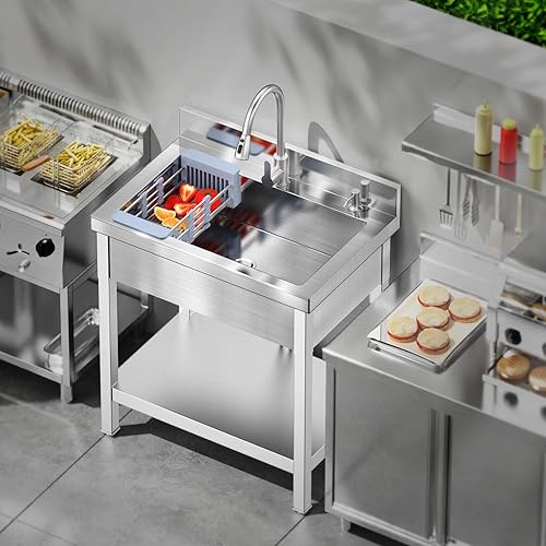 Miniatura 8 de Fregadero Utilitario de Acero Inoxidable, Fregadero Independiente de 28" con Grifo Retráctil de Agua Fría y Caliente, Mangueras y Kit de Drenaje