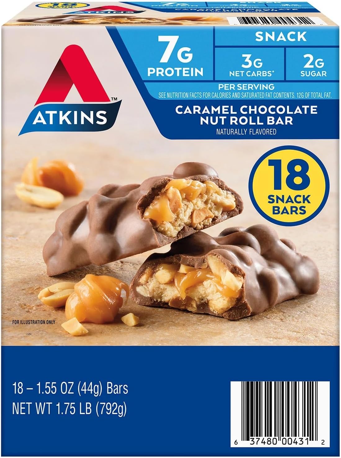 Atkins Caramel Chocolate Nut Roll Snack Bar, 1.55 Ounce (Pack of 18)