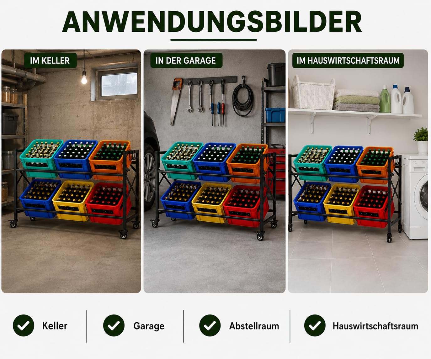 Getränkekistenregal für 6 Kisten mit Rollen – Extrem Stabiles Metallregal, 250kg Tragkraft – Wasserkistenregal & Bierkistenregal für Küche, Keller & Speisekammer