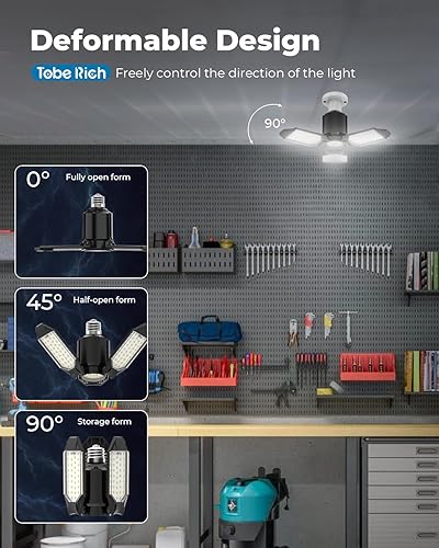 Miniatura 4 de toberich Paquete de 4 luces LED de garaje, luces de tienda de 8000 lm con 3+1 paneles deformables, luces de techo LED de 6500 K para garaje, taller,