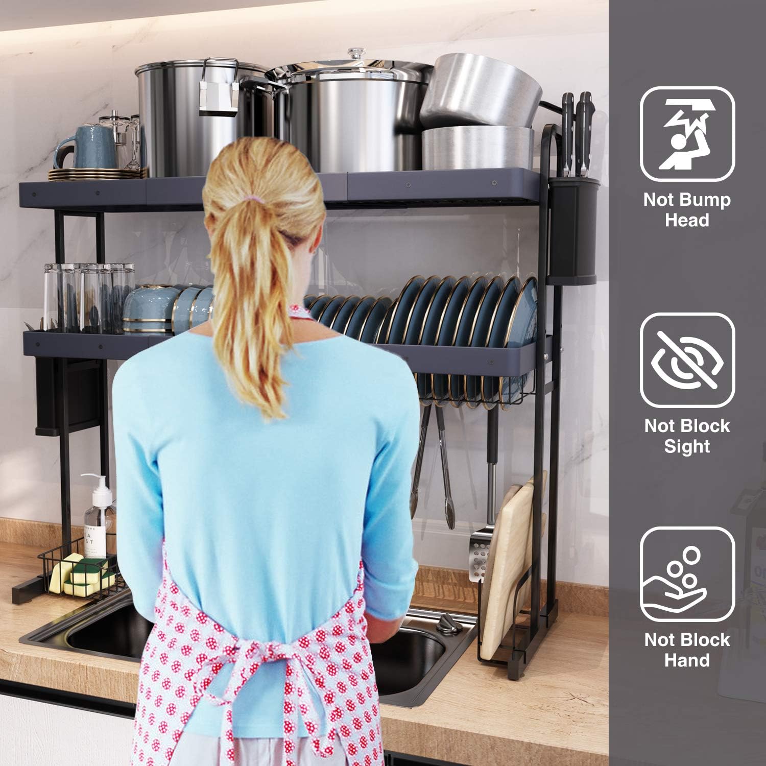 JASIWAY Over The Sink Dish Drying Rack, Adjustable (27.5'' - 33.5'') Large Dish Drainer for Kitchen Storage Counter Organization, Stainless Steel 2-Tier Expandable Dish Rack with Utensils Holder