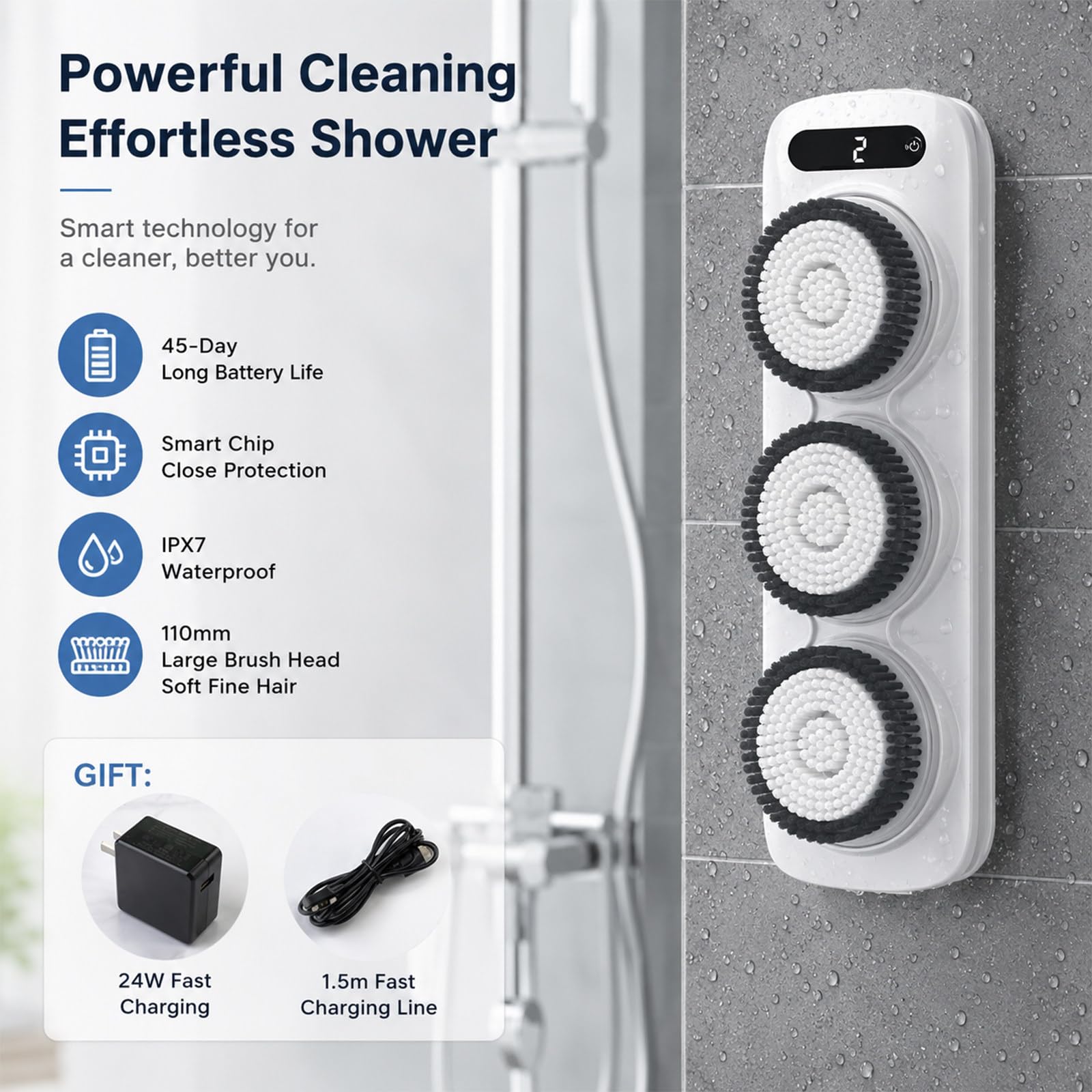 Cepillo Eléctrico para la Espalda para Ducha, Cepillo Eléctrico de Ducha de Pared, Cepillo Corporal para Cepillado en Seco, Limpieza, Exfoliación y Masaje, con 3 Cabezales Giratorios