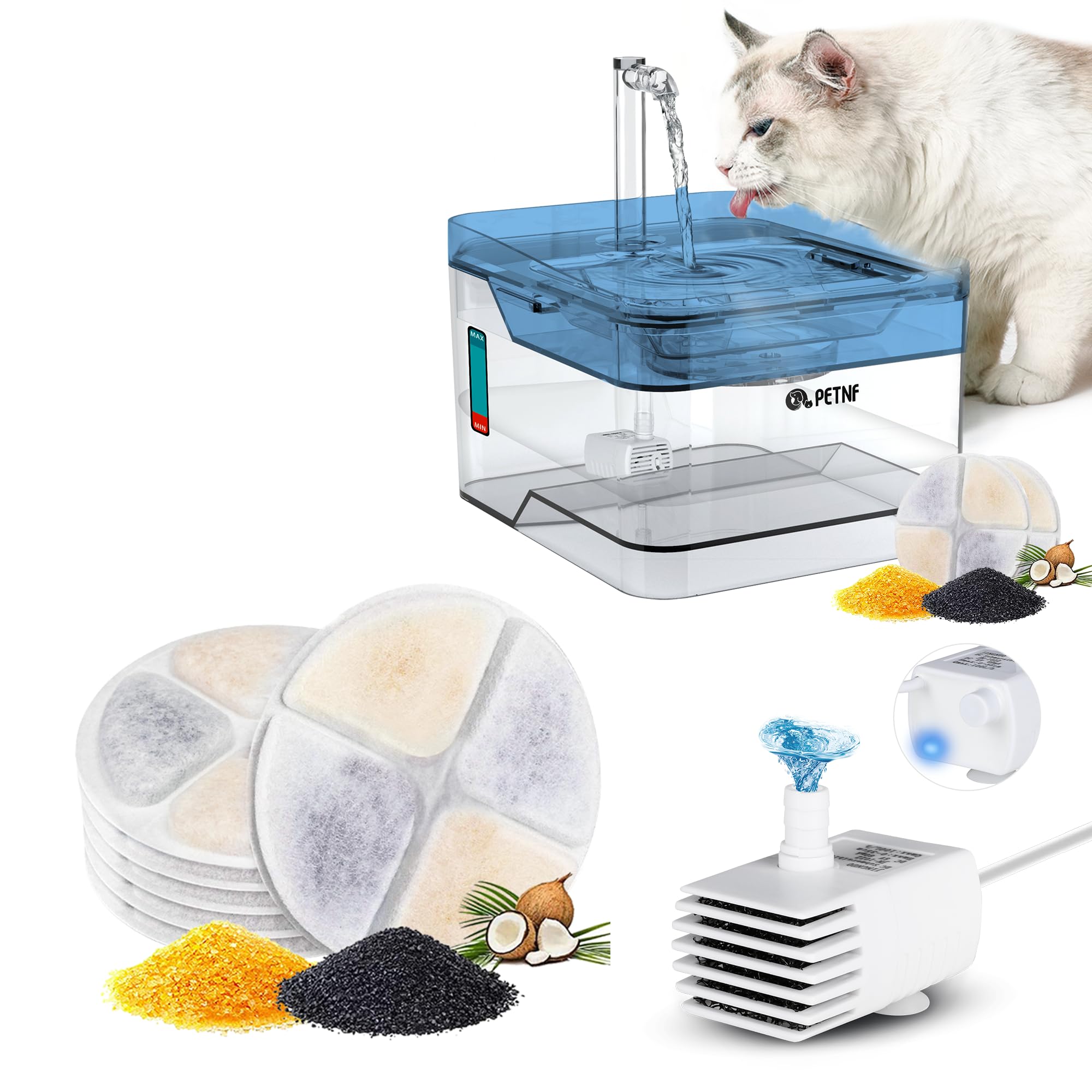3L Ultra Quiet Cat Water Fountain with 2 Filter, Smart Pump with LED Light Pet Drinking Fountains & 6 Pack Filters & 1 Pump