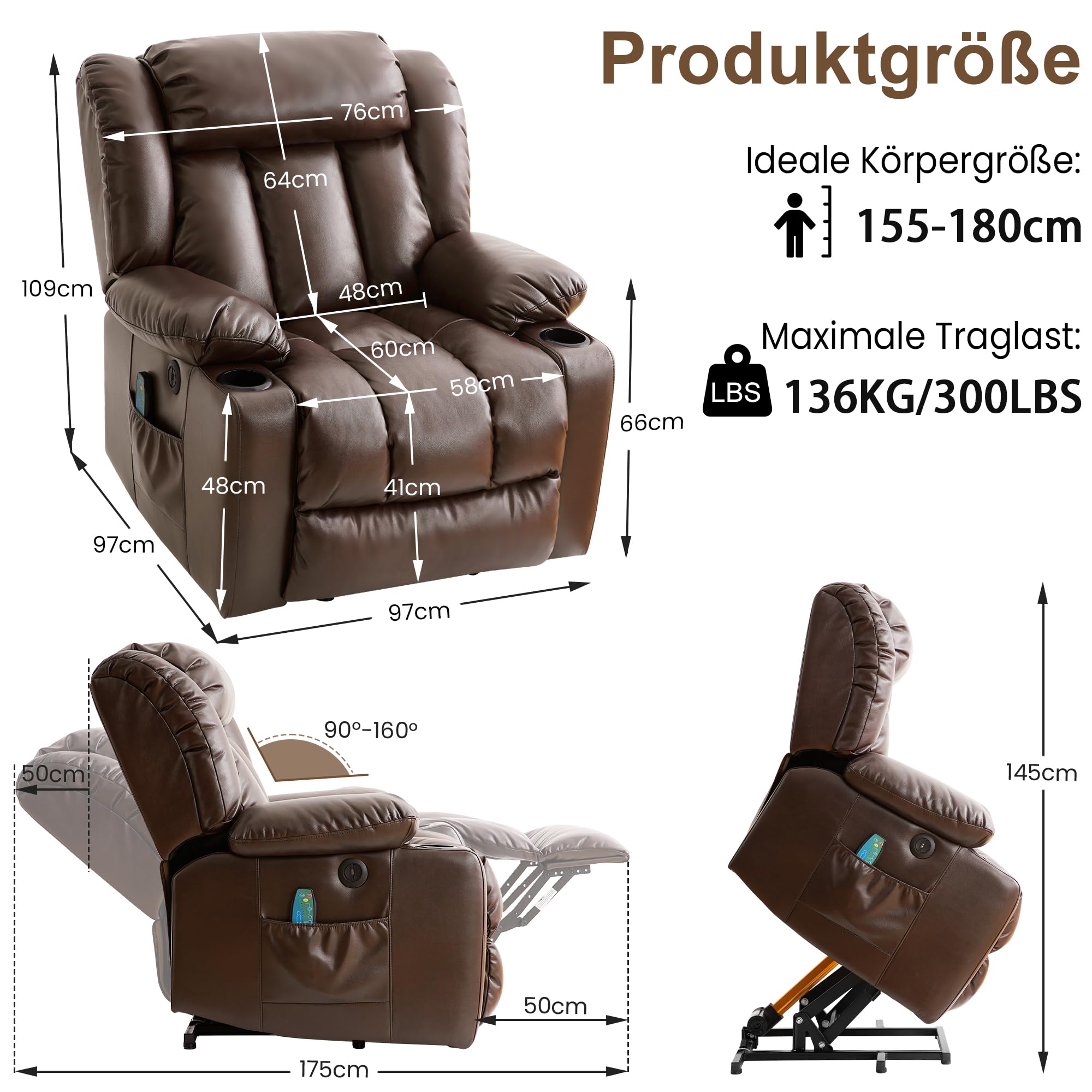 DUANDUAN Aufstehsessel mit flüsterleisem Motor, Liftsessel für Senioren | Elektrisch verstellbar, Lendenheizung, 8-Punkt-Massage, USB-Laden, wasserabweisendes Leder, einfache Montage