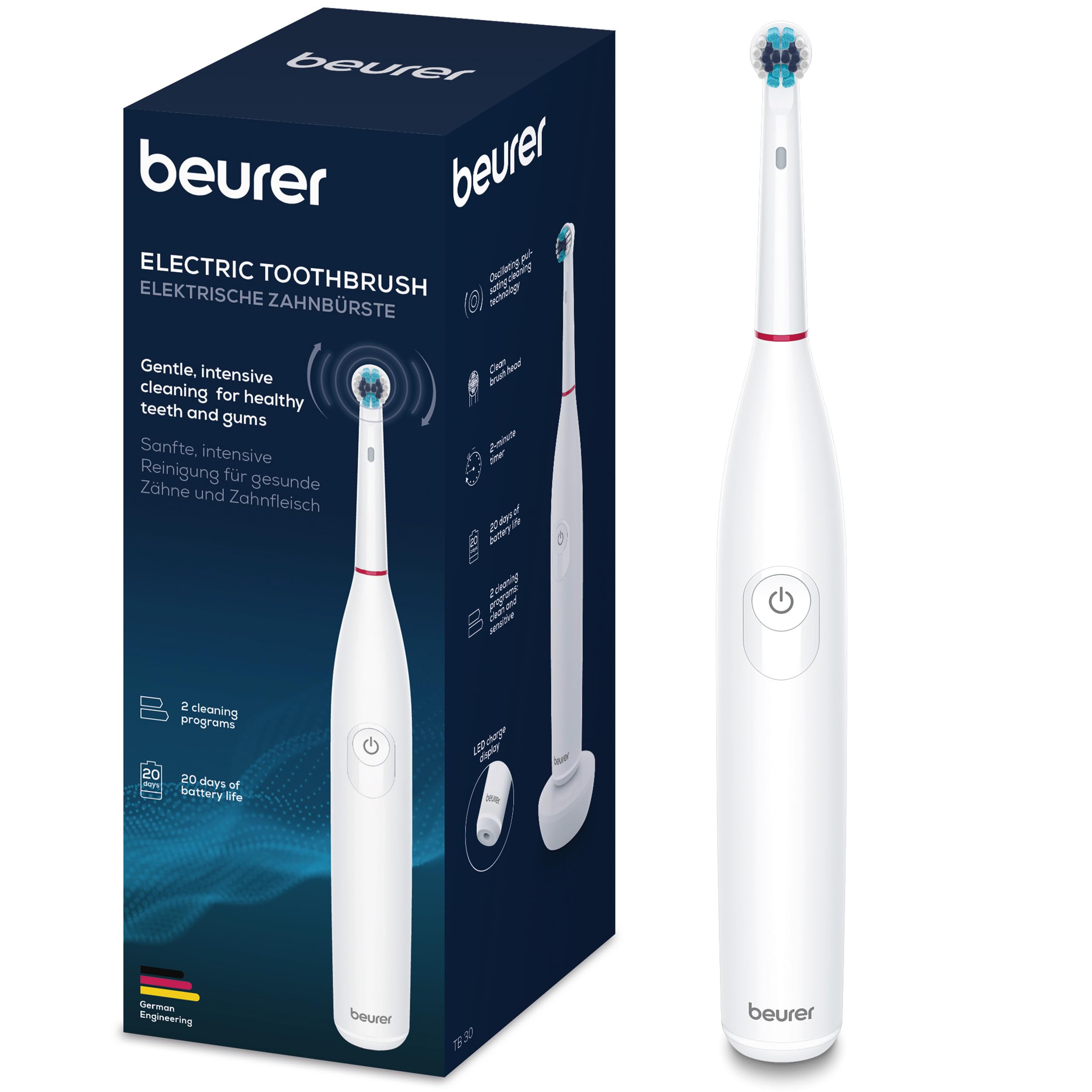 Beurer TB 30 Cepillo eléctrico, 2 programas de limpieza para el cuidado dental, tecnología de limpieza oscilante-pulsante para eliminar la placa, temporizador de 2 minutos, potente batería recargable