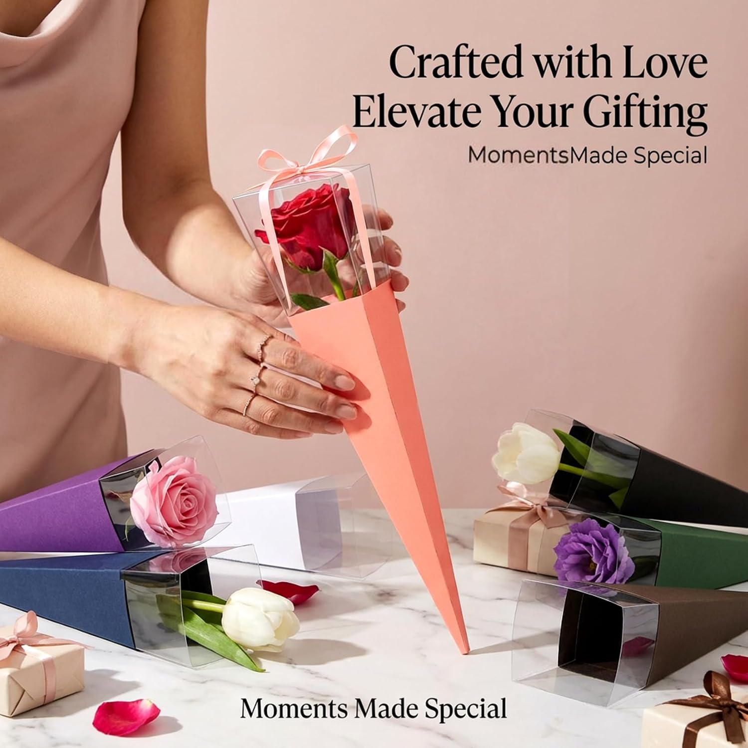 RAINFLOW Flower Wrapping Bags - 16 Pcs Single Rose Sleeves Flower Sleeves for Bouquets,Single Flower Bags Plastic Flower Wrap for Wedding Birthday Valentine’s Day Gifts Wedding Birthday Mother's Day Floral Arrangement