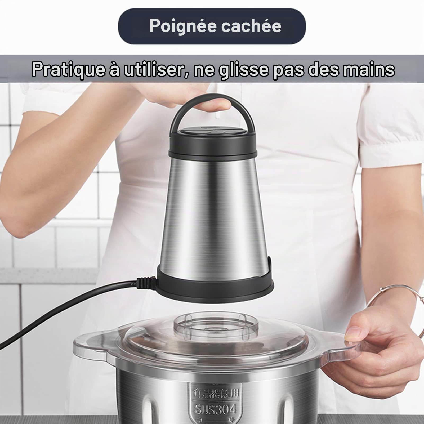 Kavolet Hachoir électrique en acier inoxydable 2L, 2 vitesses, 4 lames, pour viande, fruits, légumes, fruits secs, fromage