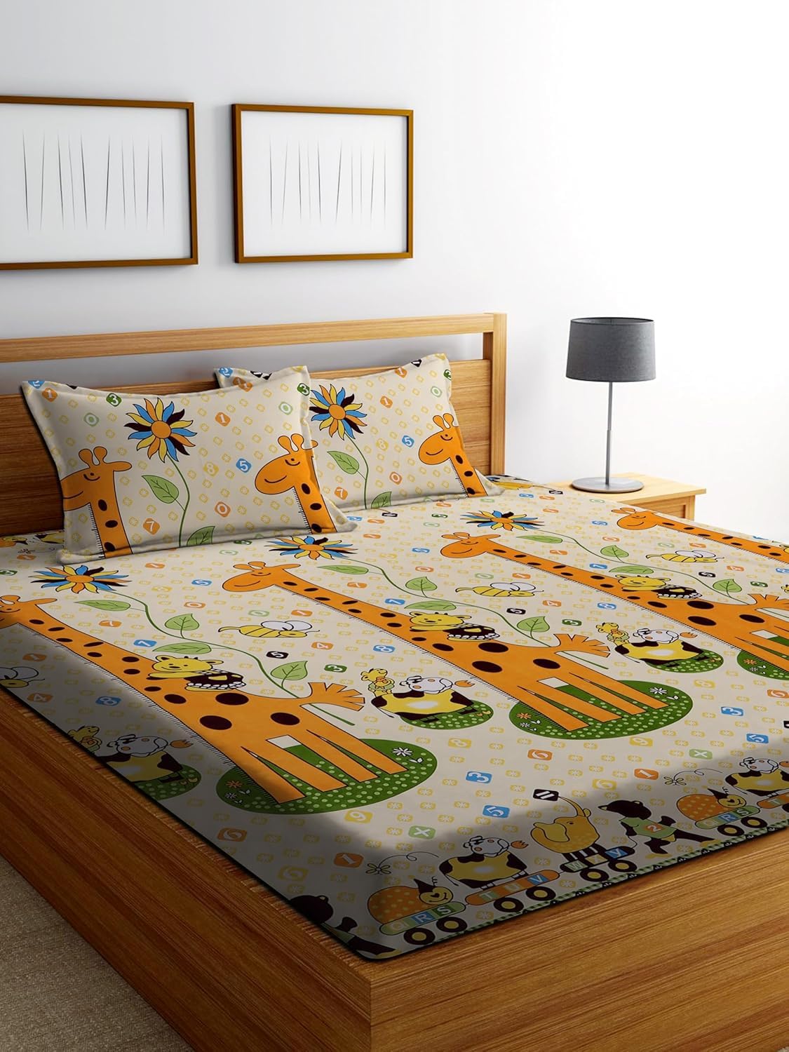 Giraffe Printed Elastic Fitted Double Bed Bedsheet (72 x 78 Inches) with 2 Pillow Covers | Soft Microfiber Fitted Bed Sheet | Fits Mattress up to 8 Inches | Kids Cartoon Design-image-41