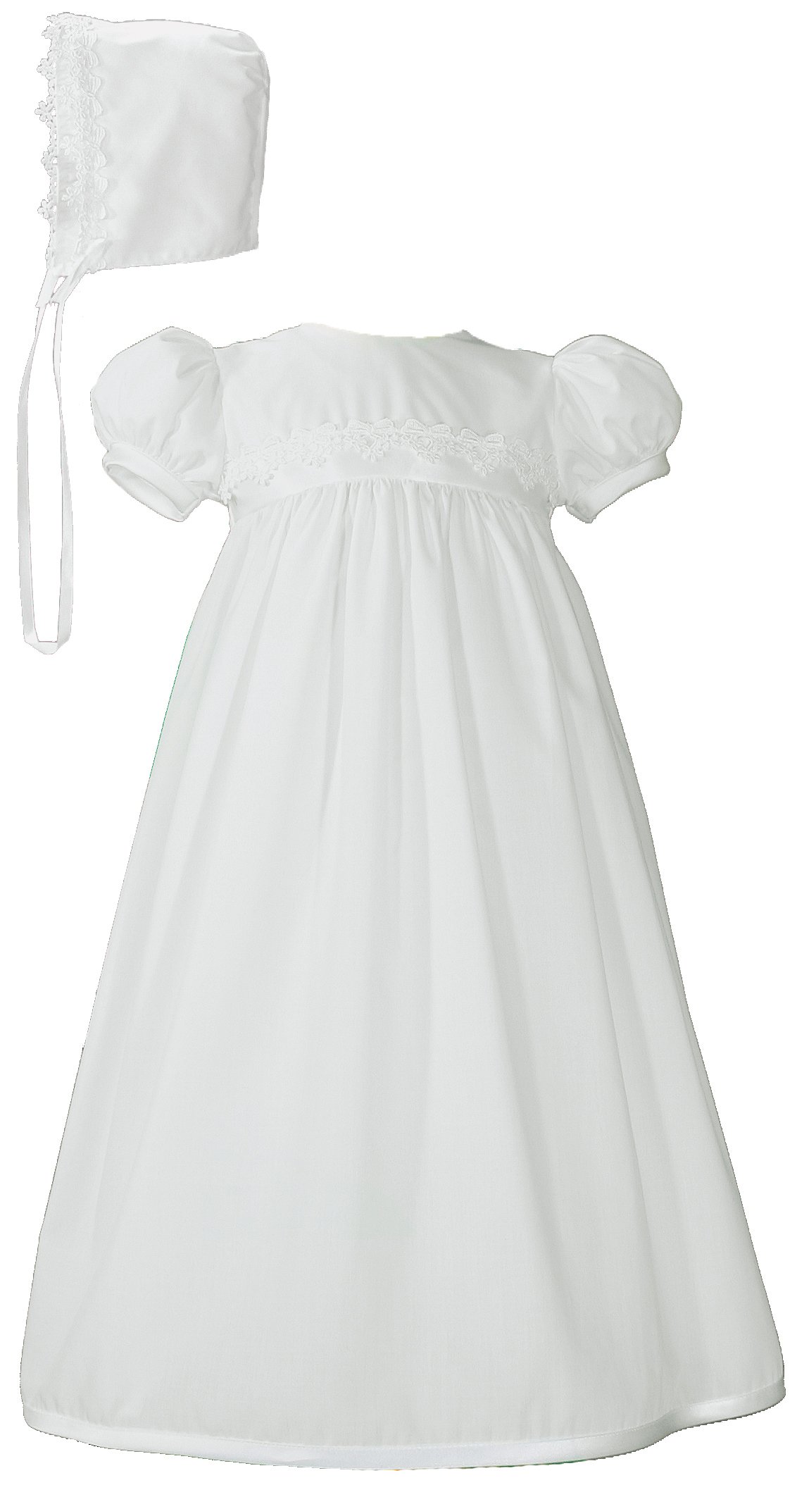 White Polycotton Christening Baptism Gown with Lace Trim & Bonnet, 06