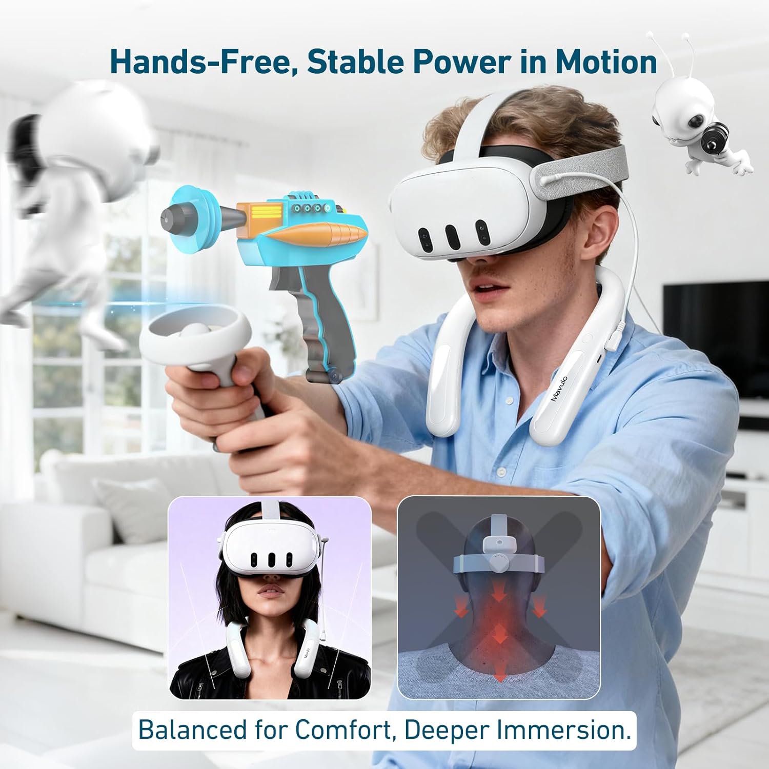 PANDUK Neck Battery Pack for Meta Quest 3/3S, 10,000mAh Wearable Hanging Power Bank for 4-5H Extended Playtime. Comfort USB C PD Fast Charging Flexible VR Accessory for Oculus 2/1/Pro, Pico 4,PSVR 2