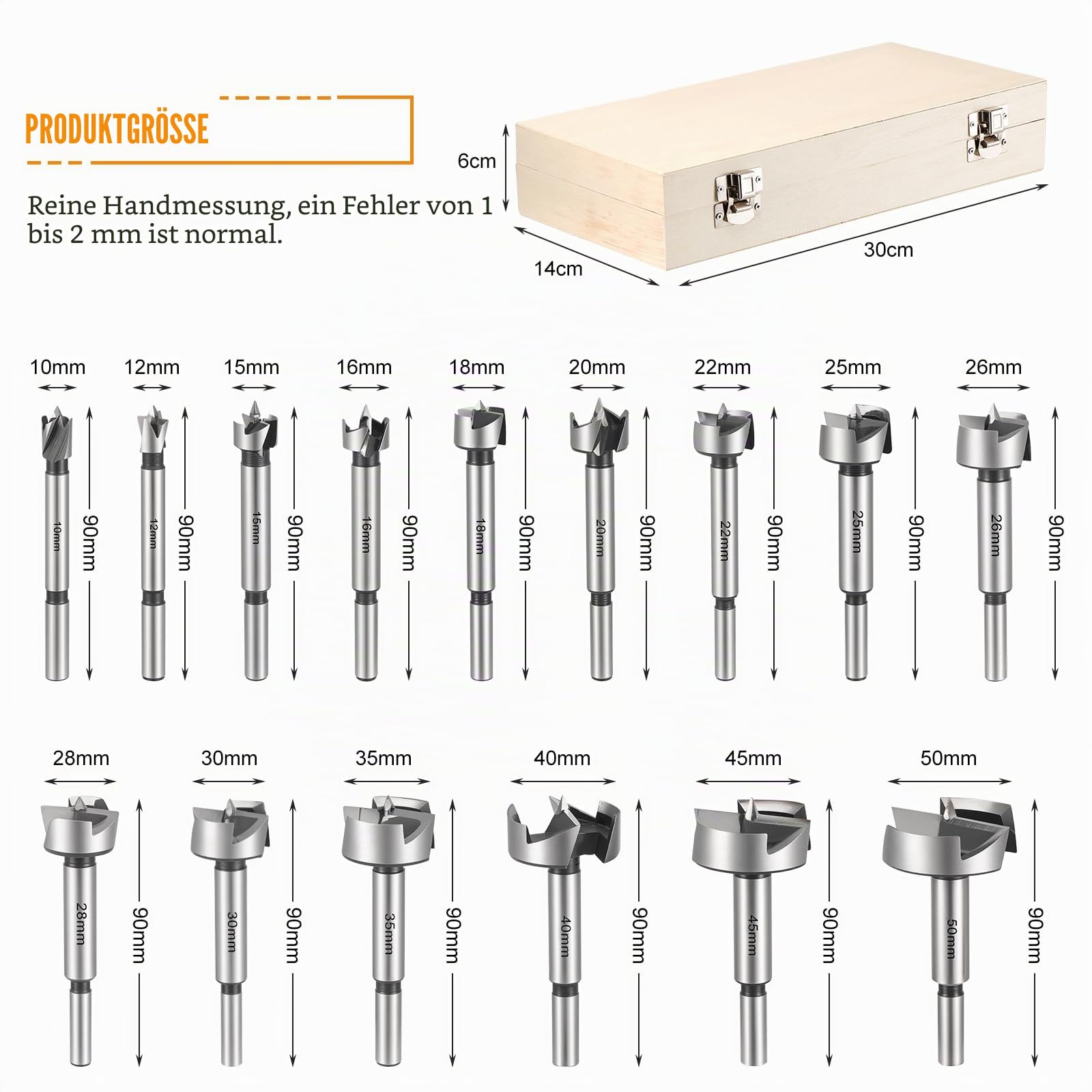 Gueenky 15 Stück Forstnerbohrer Set, 10-50mm Topfbohrer Astlochbohrer Kunstbohrer Holzbohrer mit Rundschaft Forstner Bohrer Set Forstnerbohrer für Hartholz Weichholz