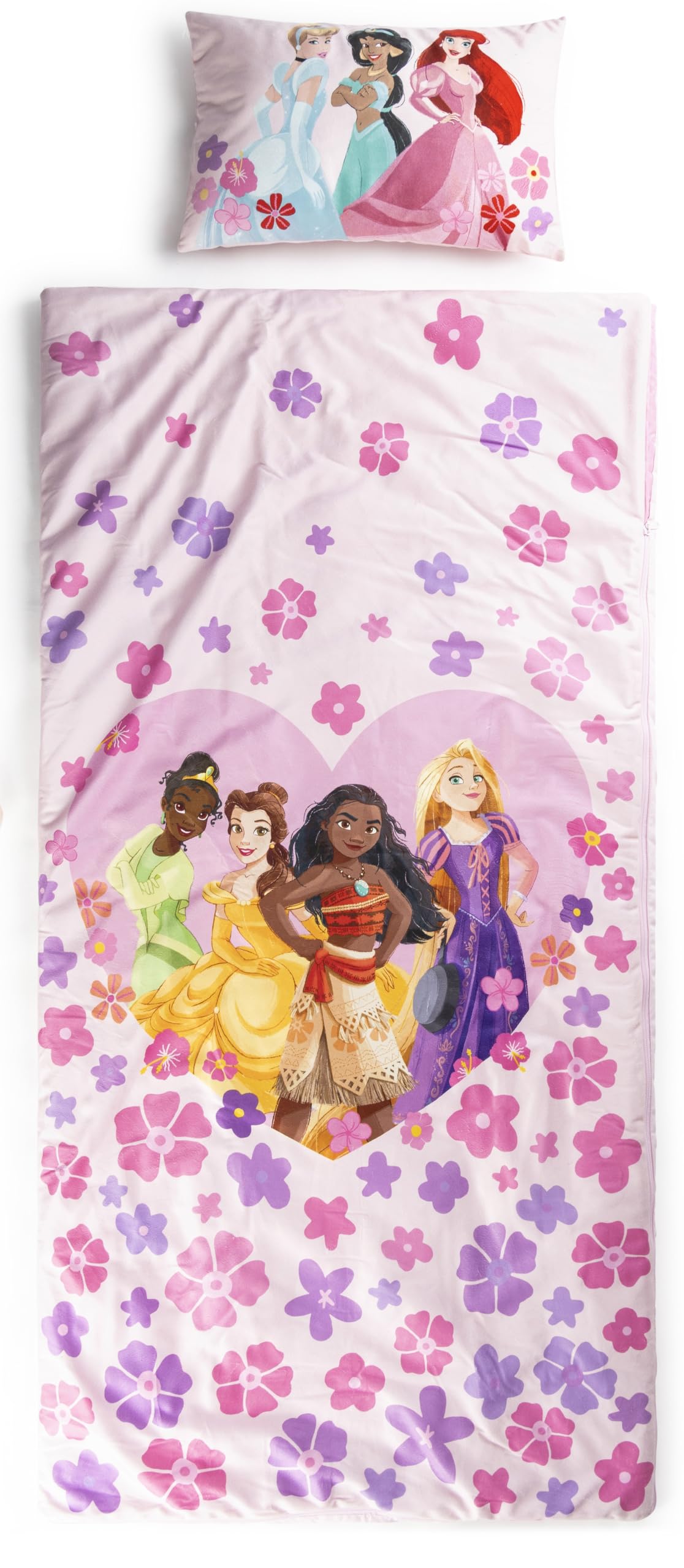 Jay Franco Kids Slumber Bag and Pillow - 54 x 27 Inch Comfy Indoor Sleeping Bag for School and Sleepovers, 2 Piece Set, Pink - Princess