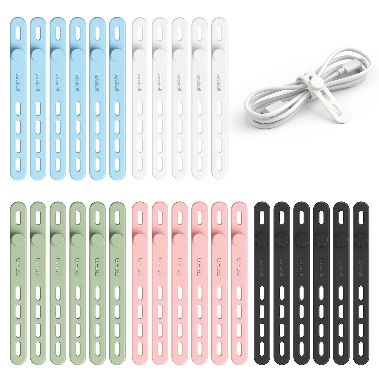 Lamicall 30Pack Silicone Cable Ties Cord Organizer Multi Color Elastic Cable Management Wraps Home Decor Organizer Ties Accessories
