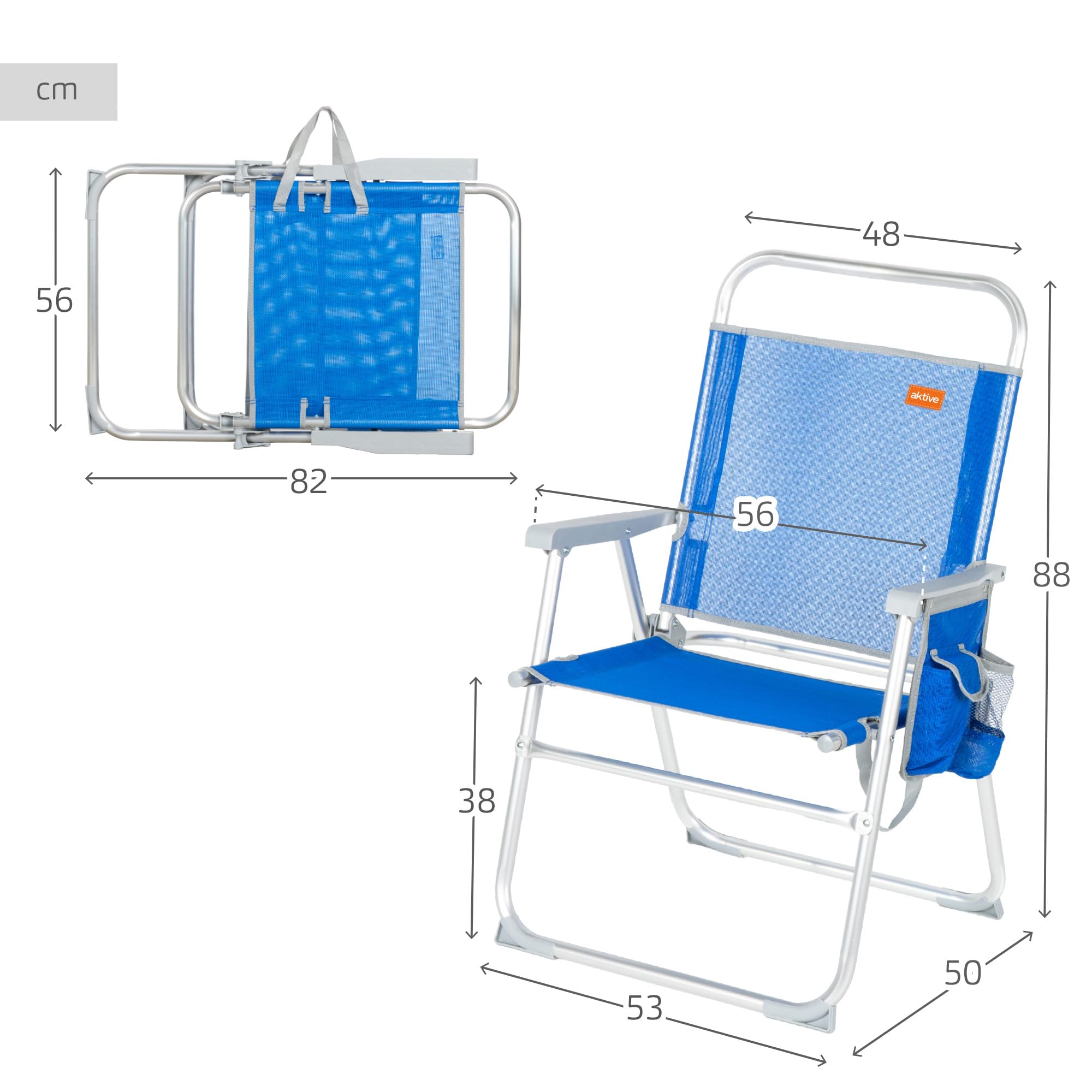 Aktive 62604 - Sedia pieghevole alta 48x50x88 cm, Sedia da spiaggia, Sedia con schienale fisso, altezza 38 cm, piedini antiribaltamento, maniglia per il trasporto, tasca laterale, colore blu