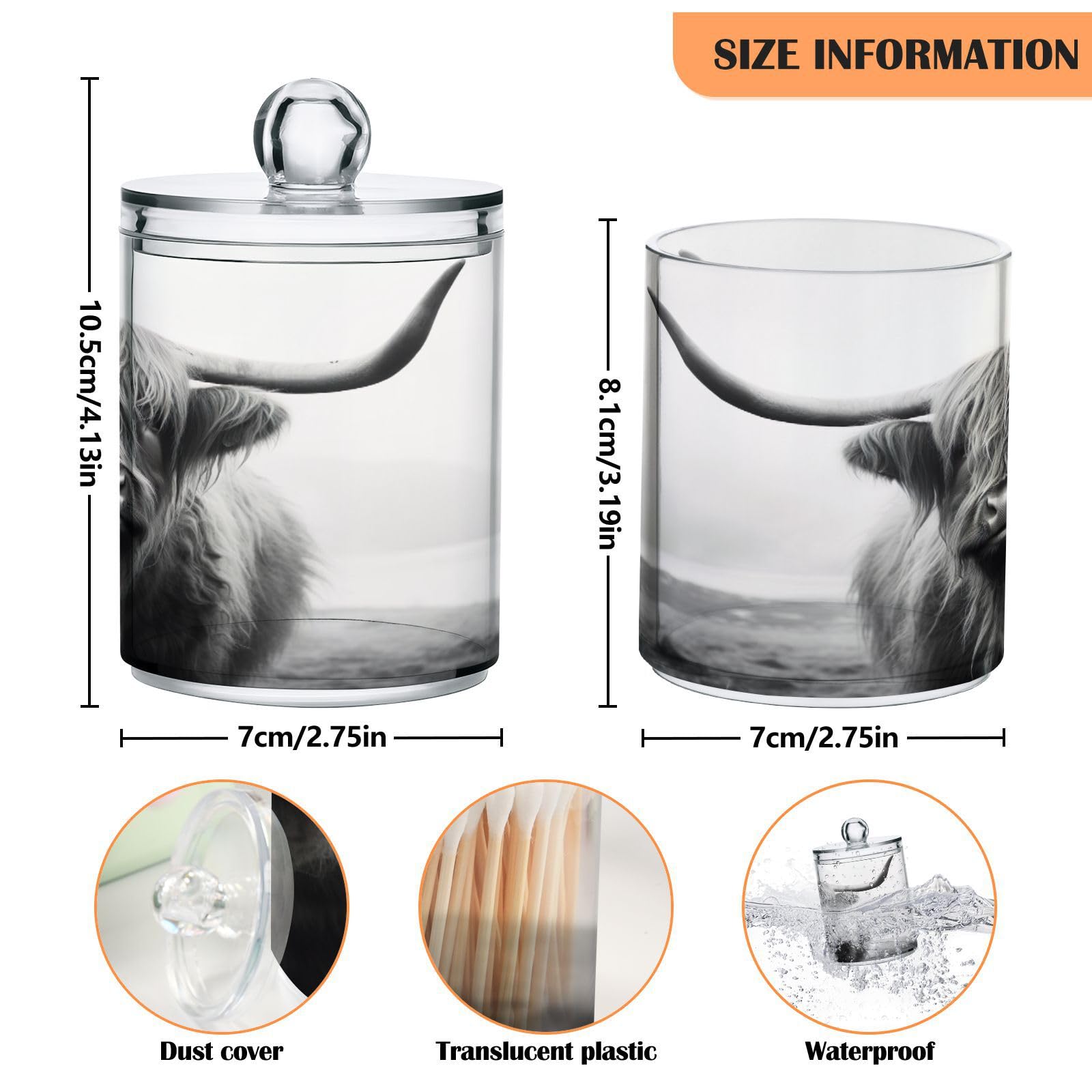 Kigai Highland Cow Qtip Holder Dispenser for Cotton Ball, Cotton Swab,Plastic Clear Apothecary Jar, Home Décor Kitchen Storage Jar,2 Pack