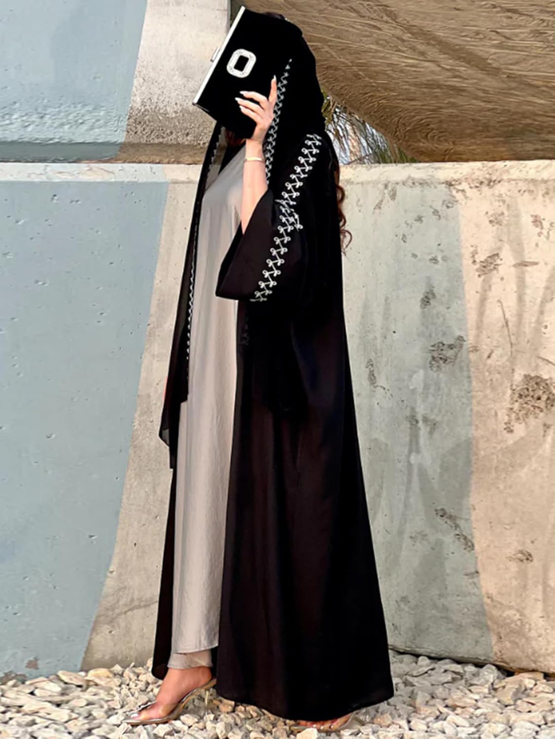 MedeShe Women Fashion Buckles Embroidery Open Abaya Cardigan Kaftan with Matching Hijab