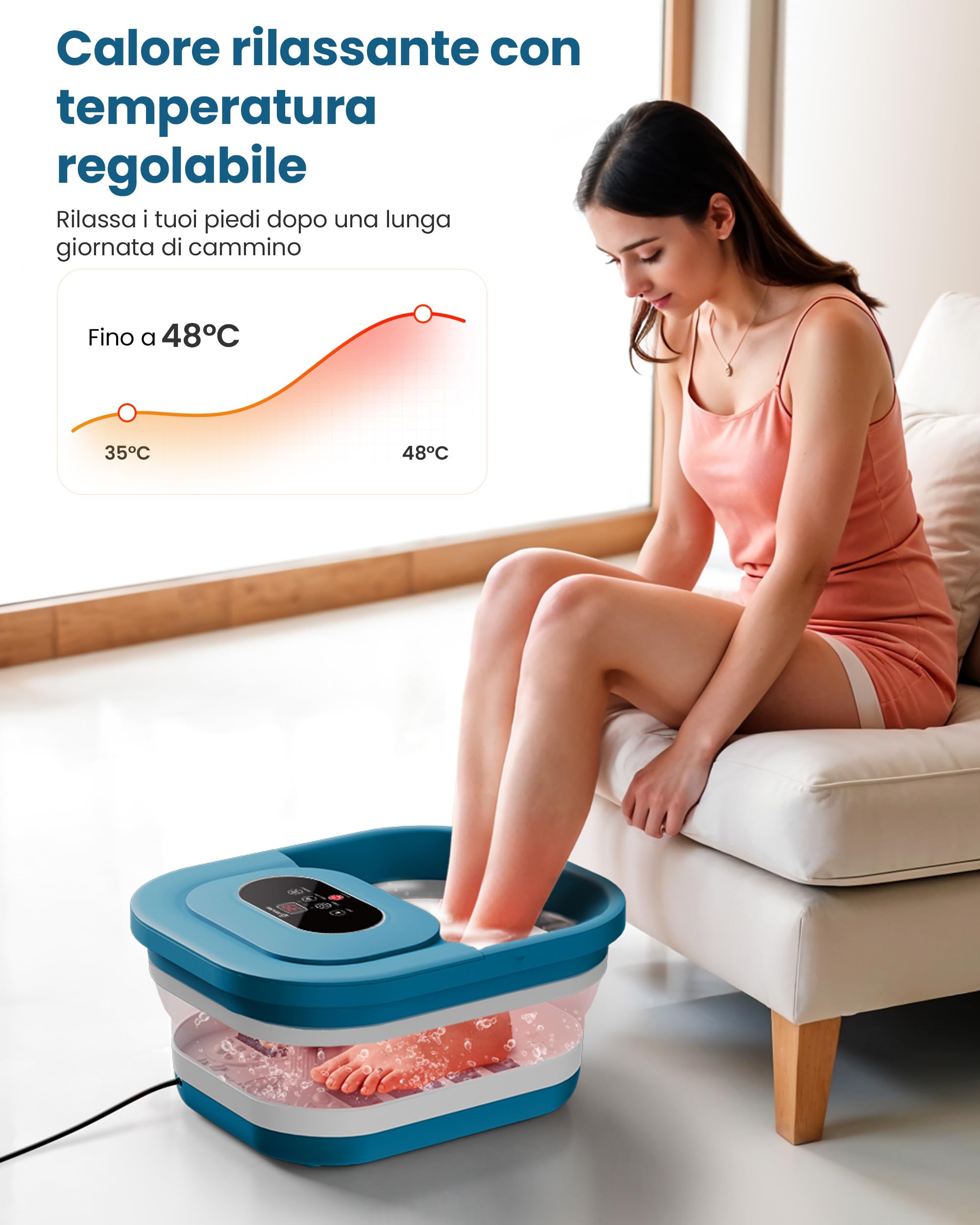 COMFIER Pedicure con massaggio e funzione di riscaldamento, massaggiatore per piedi pieghevole, funzione vibrante e frizzante, timer, pedicure pomice, 35 ℃-48 ℃, pedicure con 8 rulli shiatsu