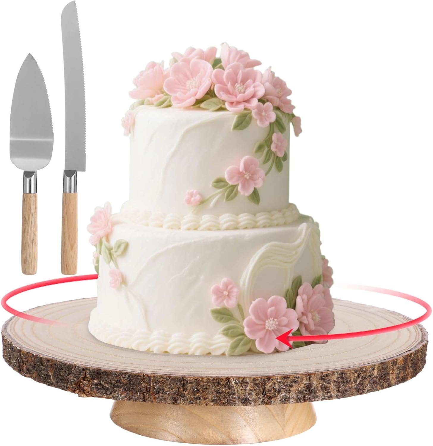 Rotating Wood Cake Stand and Server Set, Bark Edge 10-12 in Diameter, Includes Cake Knife, for Weddings, Parties