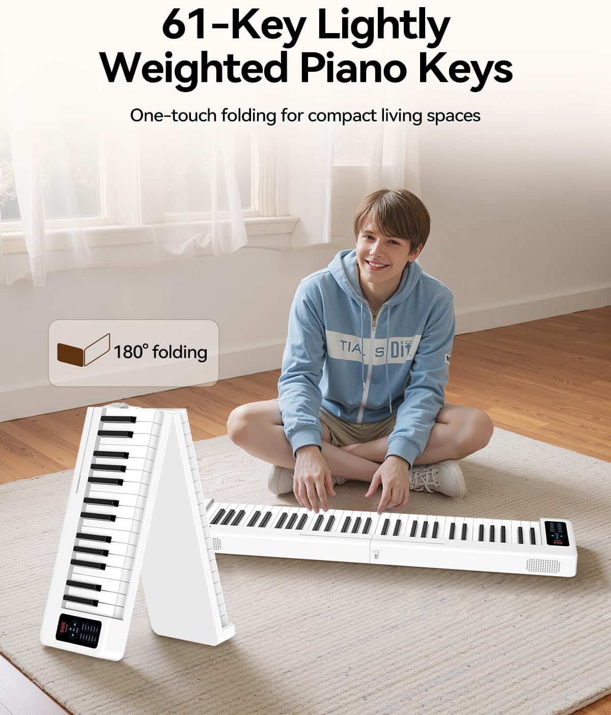 rhymo folding piano keyboard, 61 keys sensitive electric piano, semi-weighted portable electric keyboard with bluetooth midi, digital foldable keyboard for beginners(white)
