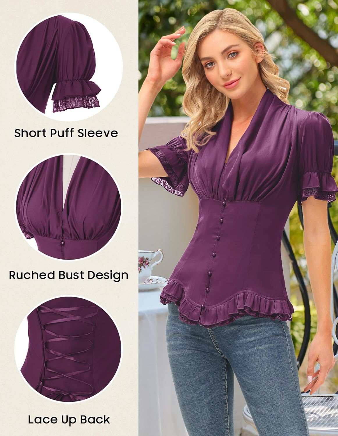 Scarlet Darkness Womens Work Tops Elegant Renaissance Pirate Shirt Short Sleeve Victorian Peasant Blouses - Image 4