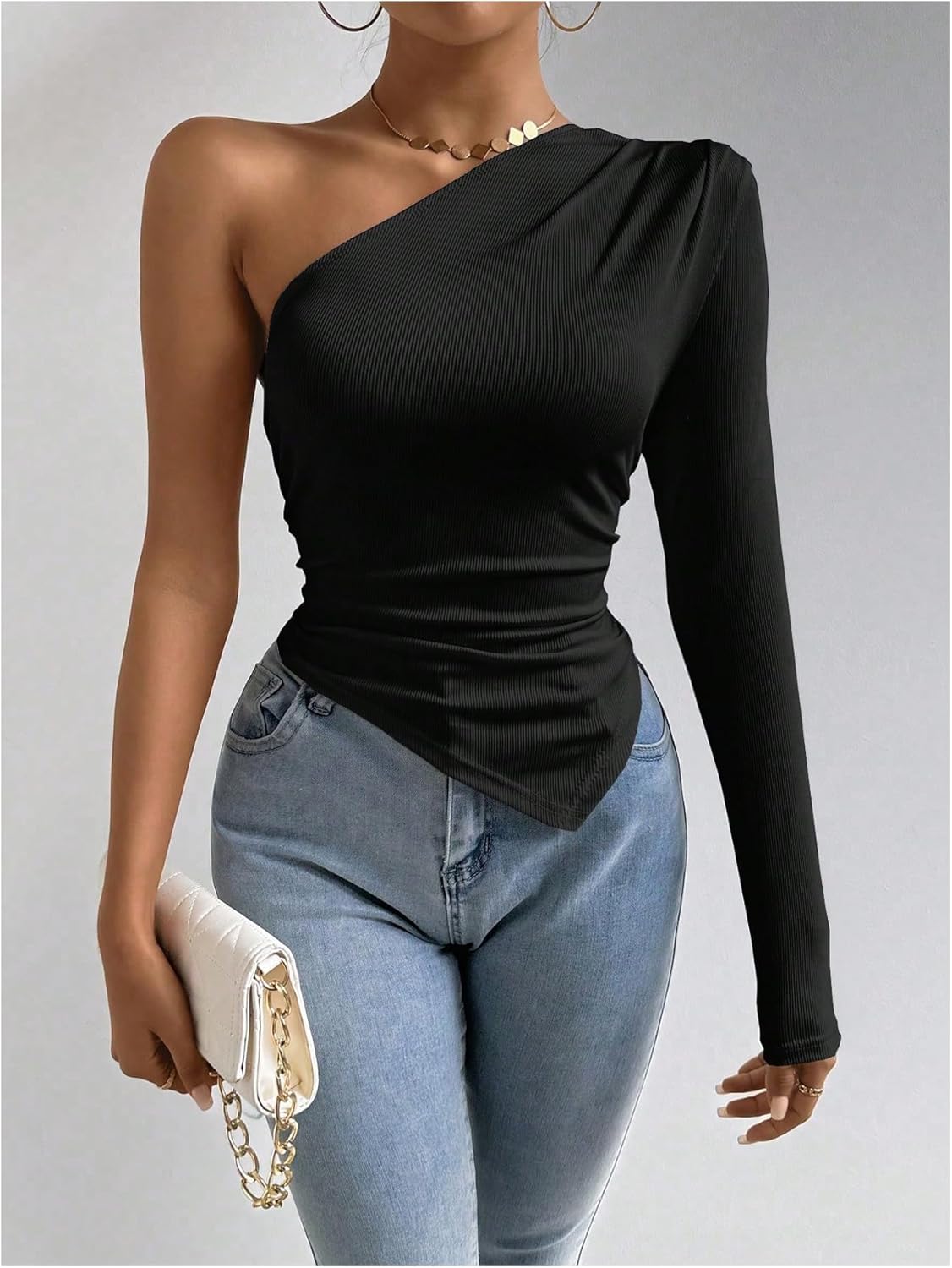 MakeMeChic Women's Rib Knit One Shoulder Ruched Tee Tops Asymmetrical Long Sleeve Slim Fitted T Shirts - Image 5