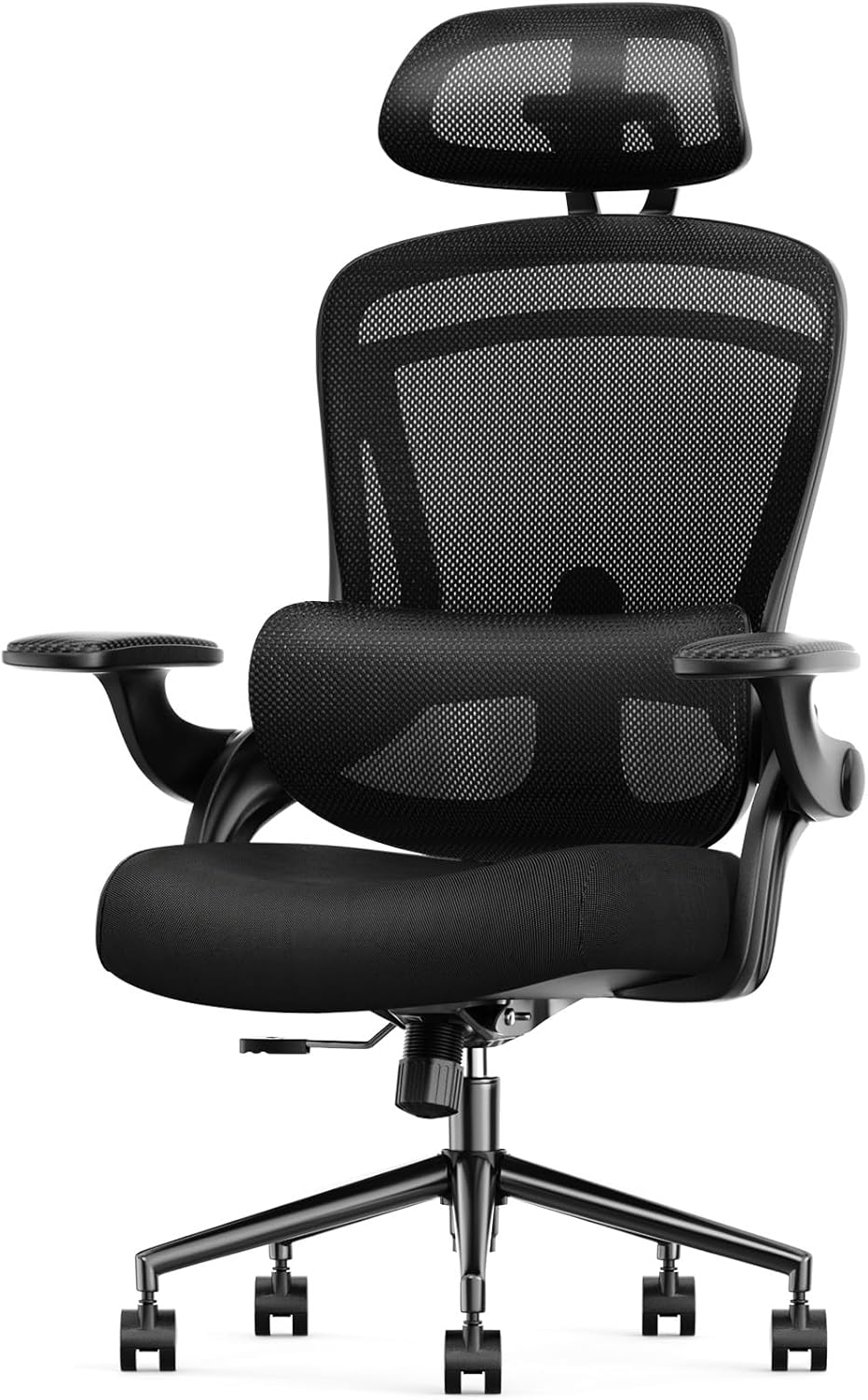 Sweetcrispy Ergonomic High Back Office Chair with 2D Headrest, Up&Down Lumbar Support, Swivel Computer Task Mesh Desk Chairs with Adjustable Flip-up Armrests, Classic Black