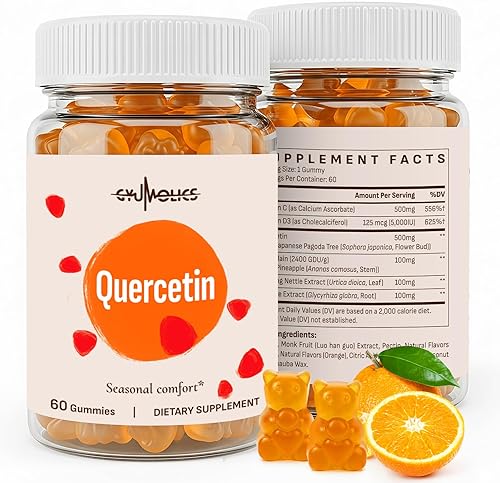 Gomitas de quercetina de 500 mg para niños, con bromelina, vitamina C y D3, ortiga y regaliz, equilibrio estacional y defensas corporales, veganas,