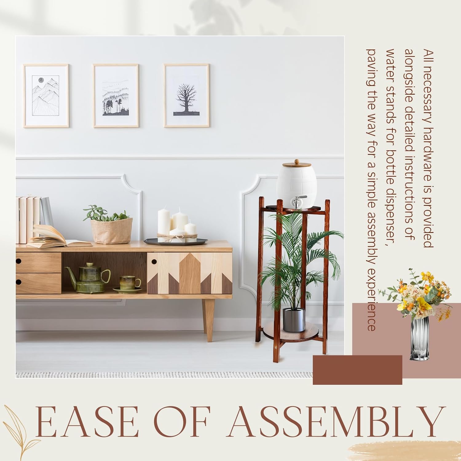 Water Dispenser Stand Floor Stand Water Jug Stand with 2 Round Shelfs 26'' Natural Wood Stand for 1-5 Water Bottles, Crocks, Jug, Plant, Easy Assembly with Included Hardware(Dark Brown)