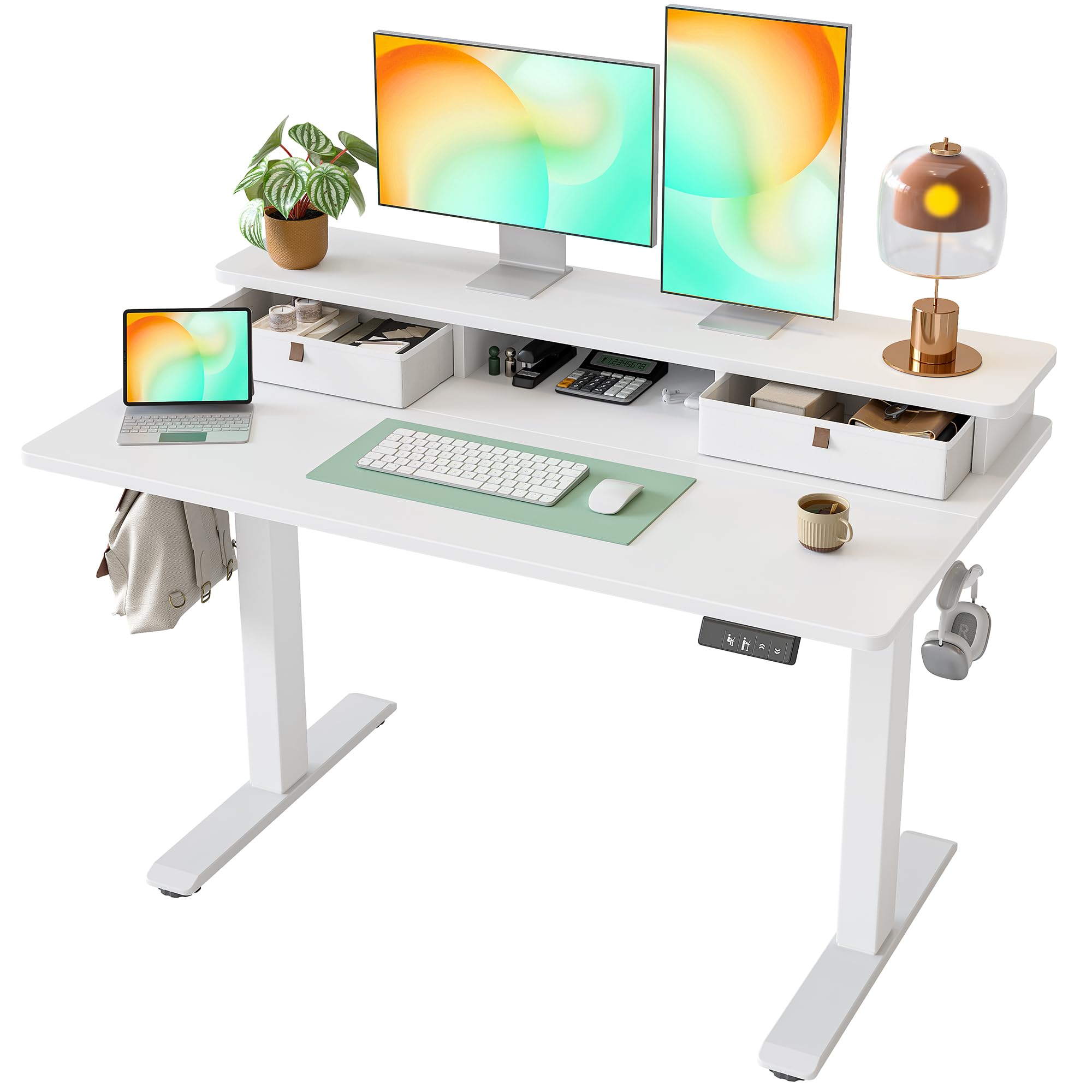 48 * 24 Inch Standing Desk with Two Drawers, Stand Up Standing Desk Adjustable Height, Electric Sit Stand Desk with Storage Shelf and Splice Board, White