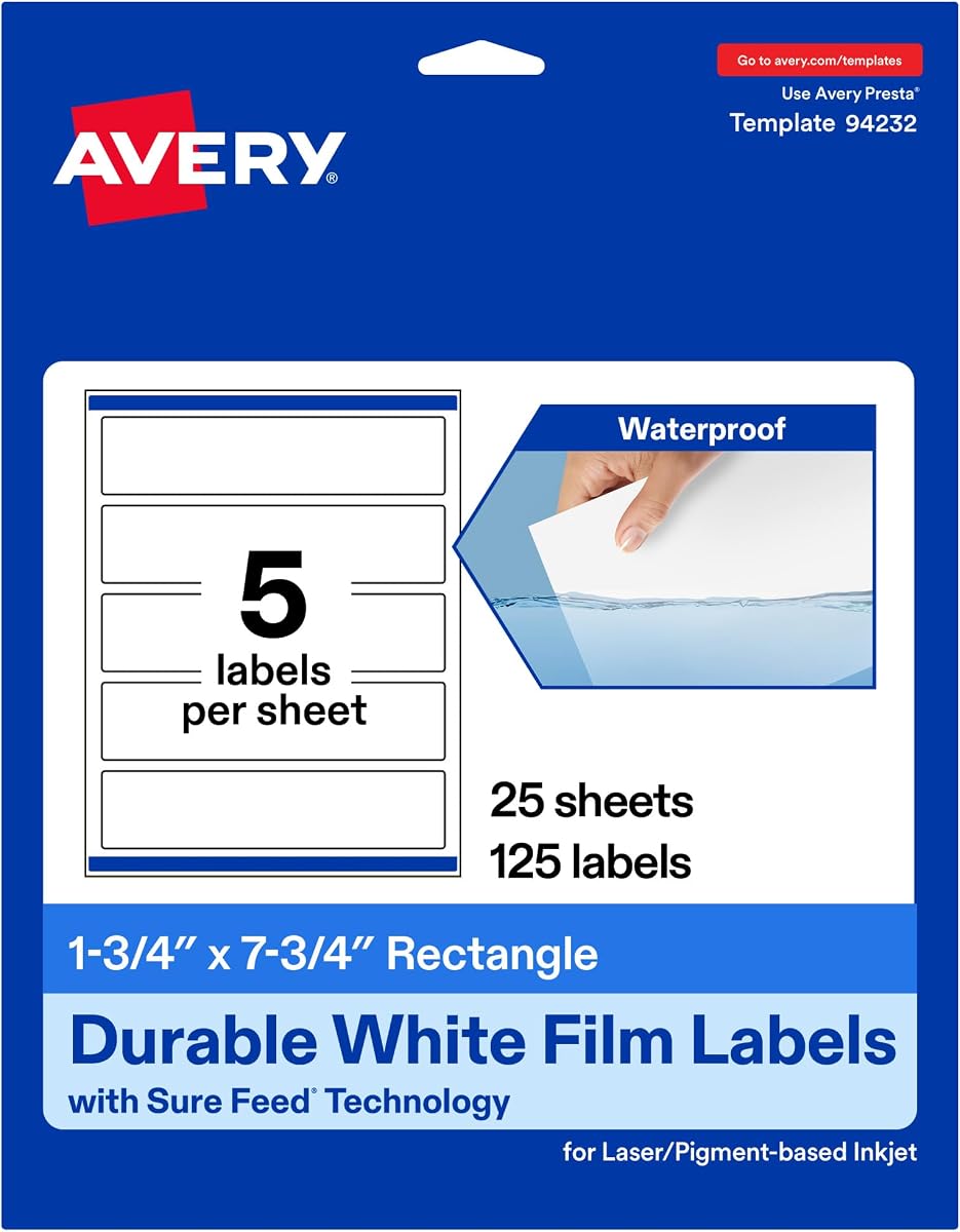 Avery® Printable Durable White Rectangle Labels, Sure Feed® Technology, 1.75" 7.75", Print-to-the-Edge, Waterproof Labels, Laser & Pigment-Based Inkjet Compatible, 125 Total