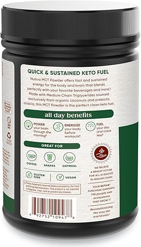 Miniatura 8 de Nutiva Polvo orgánico MCT con fibra de acacia prebiótica clásico 106 onzas USDA orgánico sin OMG sin BPA vegano sin gluten keto y paleo bebida