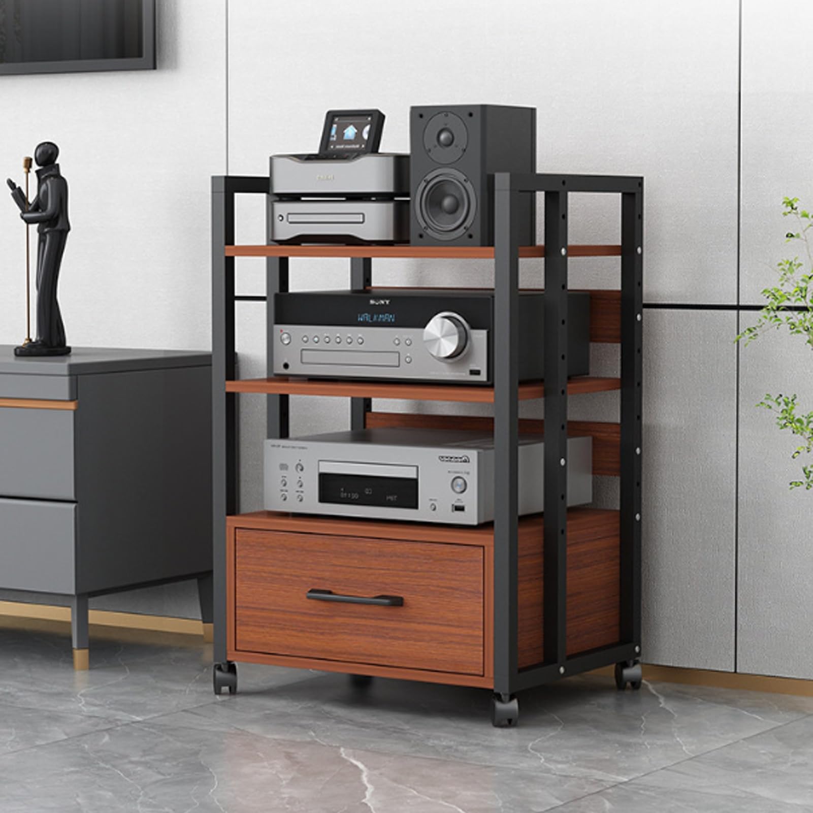 Stojak Multimedialny AV,Wieża Audio z Regulowanymi Półkami,Regulowane Półki | Stojak na Odtwarzacz cd do Salonu Szafka na Komponenty Stereo WieżA Typu Rack Audio z Ruchomym KółKiem(A1,4 layer)