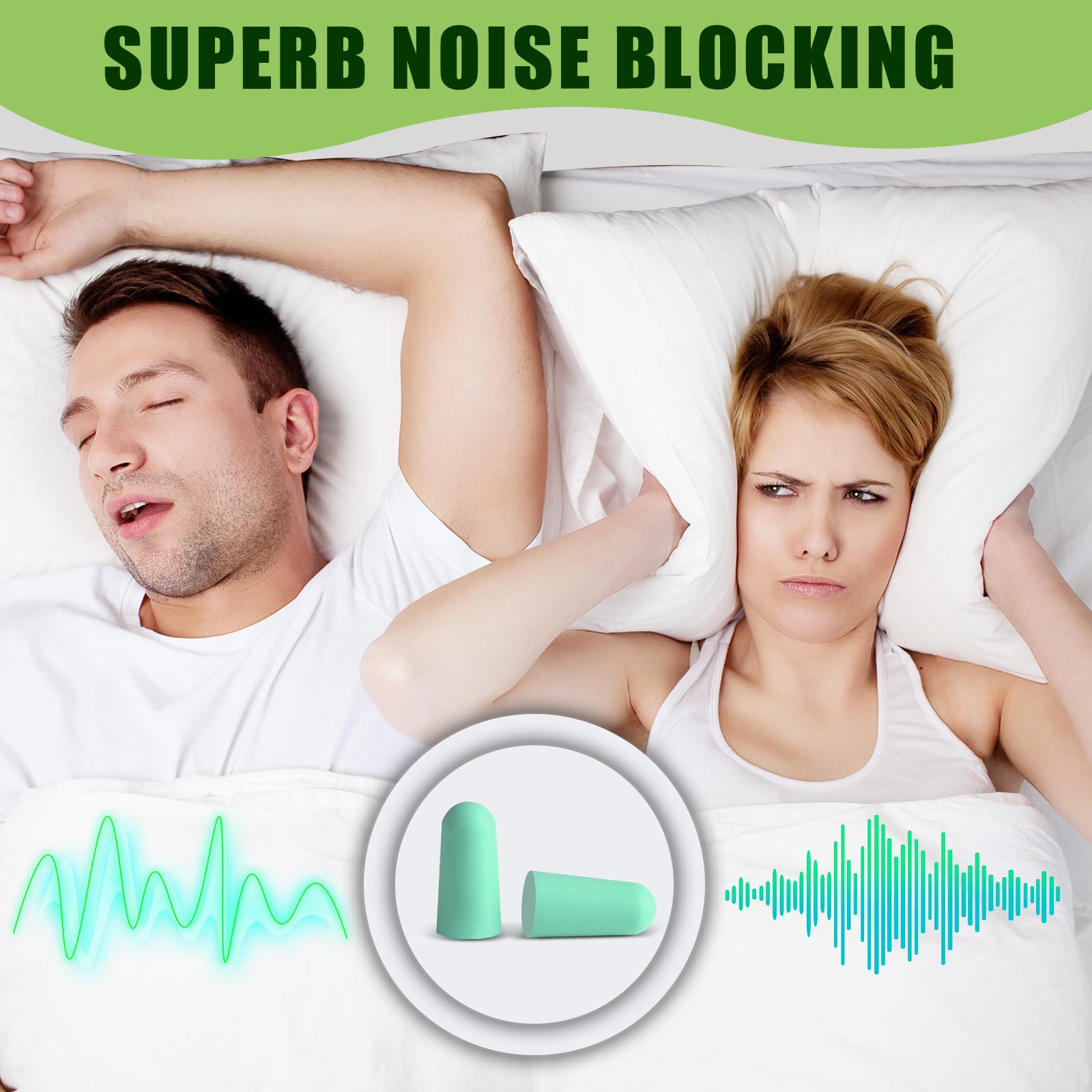 AiQInu Tappi per dormire, 60 coppie 38 dB SNR, schiuma super morbida, protezione dal rumore, ideali per russare, apprendimento, viaggi, concerti, verde