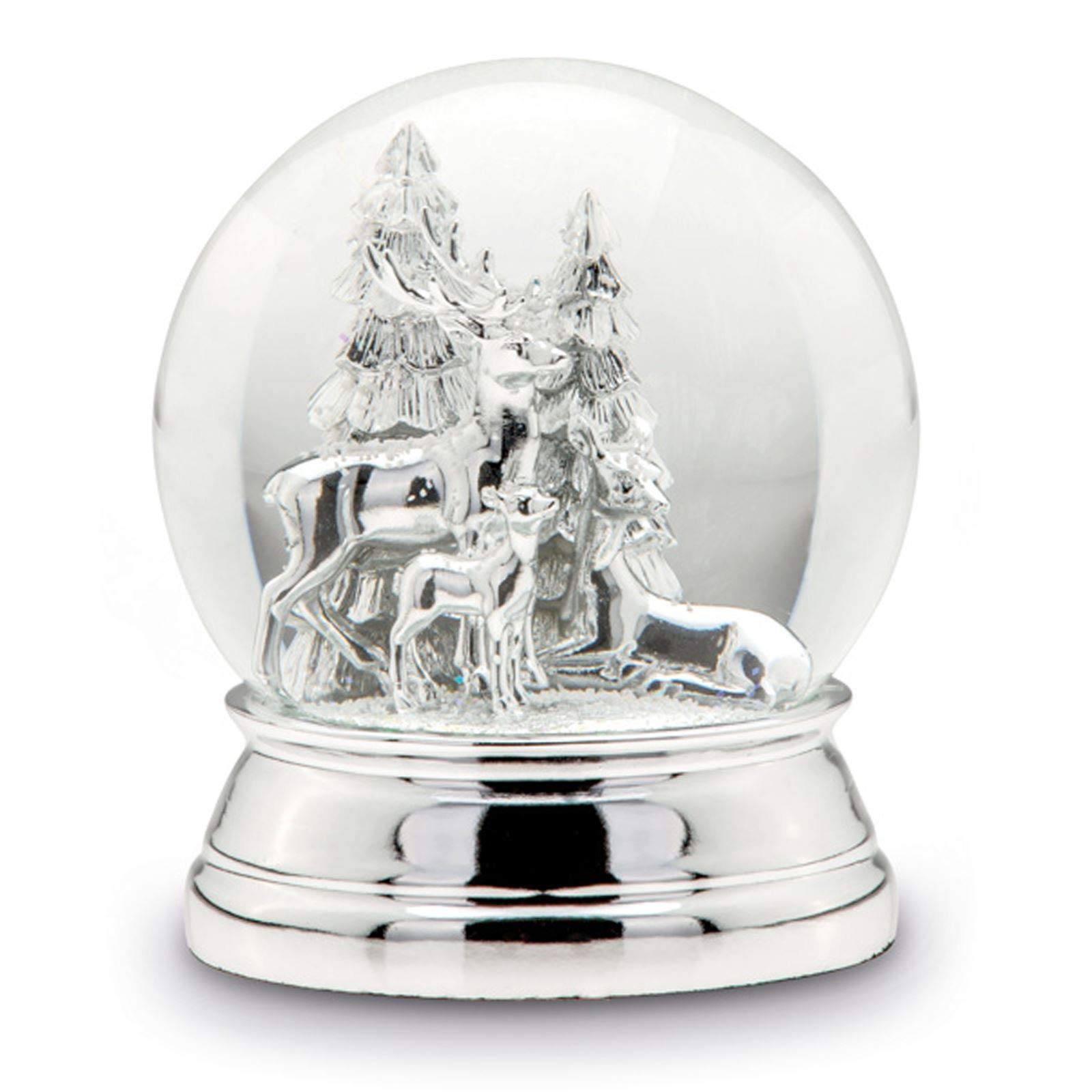Große versilberte Glas Schnee-Kugel mit Rentier & Tannenbäume Ø 10 cm - Chrismas Deko Schüttelkugel - Traumkugel für Winter & Weihnachten