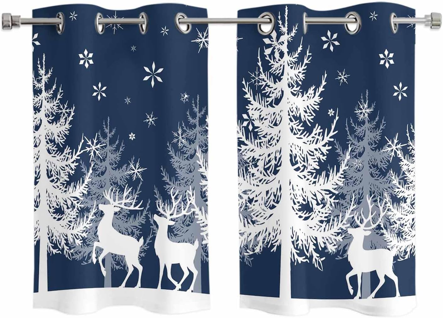 Grommet Top Window Curtains, Christmas Winter Snowflake Tree Elk Blue Durable Light Blocking Windows Drapes for Kitchen/Bedroom/Living Room, Window Treatments Curtain Set of 2 Panels 27.5x39 In