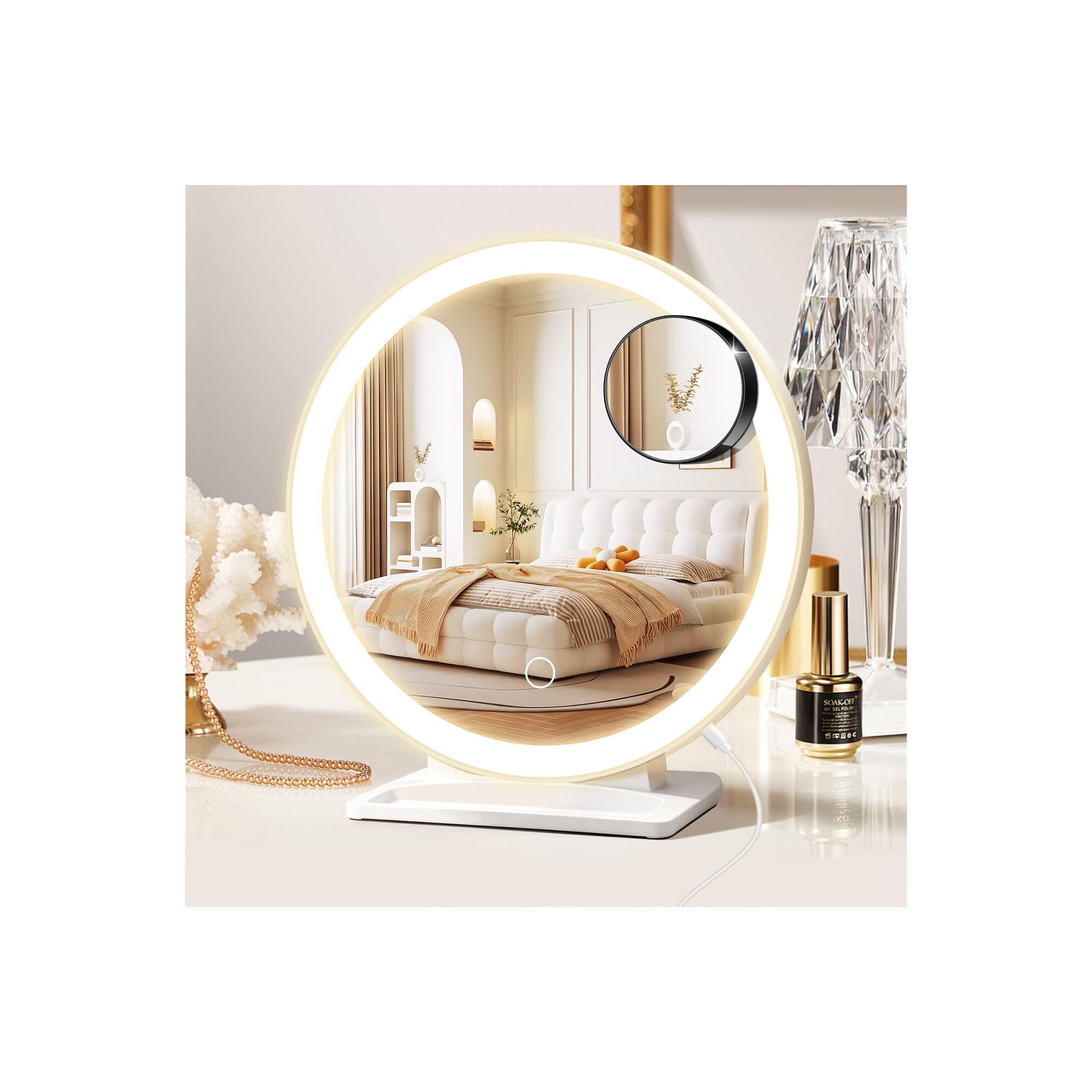 MOMOKUBA Schminkspiegel mit Beleuchtung, Schminktisch Spiegel, Vergrößerungsspiegel mit Saugnapf 30-Fach, 3 Lichtfarben und einstellbarem Winkel, Tischspiegel für das Schlafzimmer, 31,5 x 29 cm