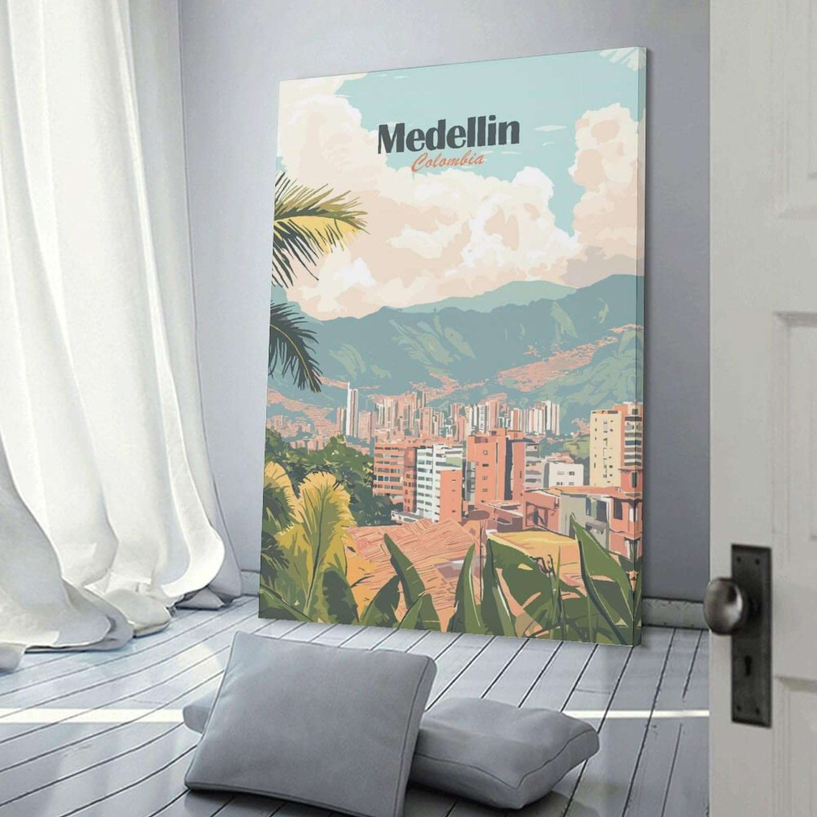 Junmoney Medellin Colombia Cityscape Travel Canvas Art Print 24x36inch(60x90cm), for Bedroom Decor, Cosy Corners Or Studios, An Easy Wall Refresh for Bedrooms
