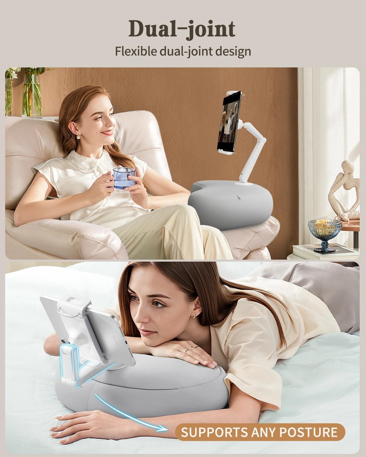 SAIJI Supporto per Kindle per iPad, compatibile con Kindle da 4,7"-15,6", telefono, iPad, supporto regolabile a 360° per tablet, con braccio flessibile a doppio asse e cuscino in microperline (grigio)
