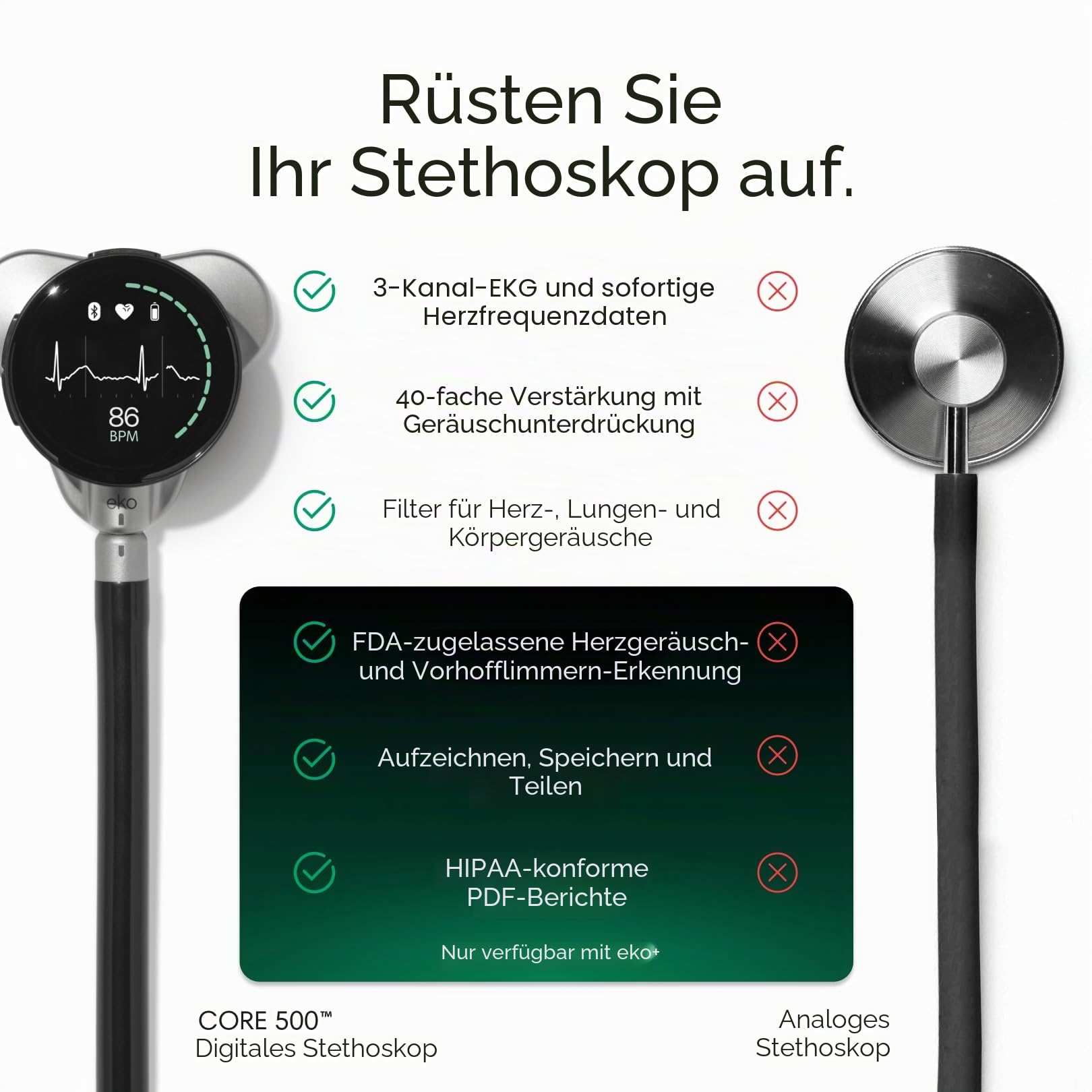 CORE 500™ Digitales Stethoskop, 40-fache Verstärkung, aktive Geräuschunterdrückung, 3-Draht-EKG, FDA genehmigt mit Eko+, Vollfarbanzeige, rückerstattungsfähig, Champagner