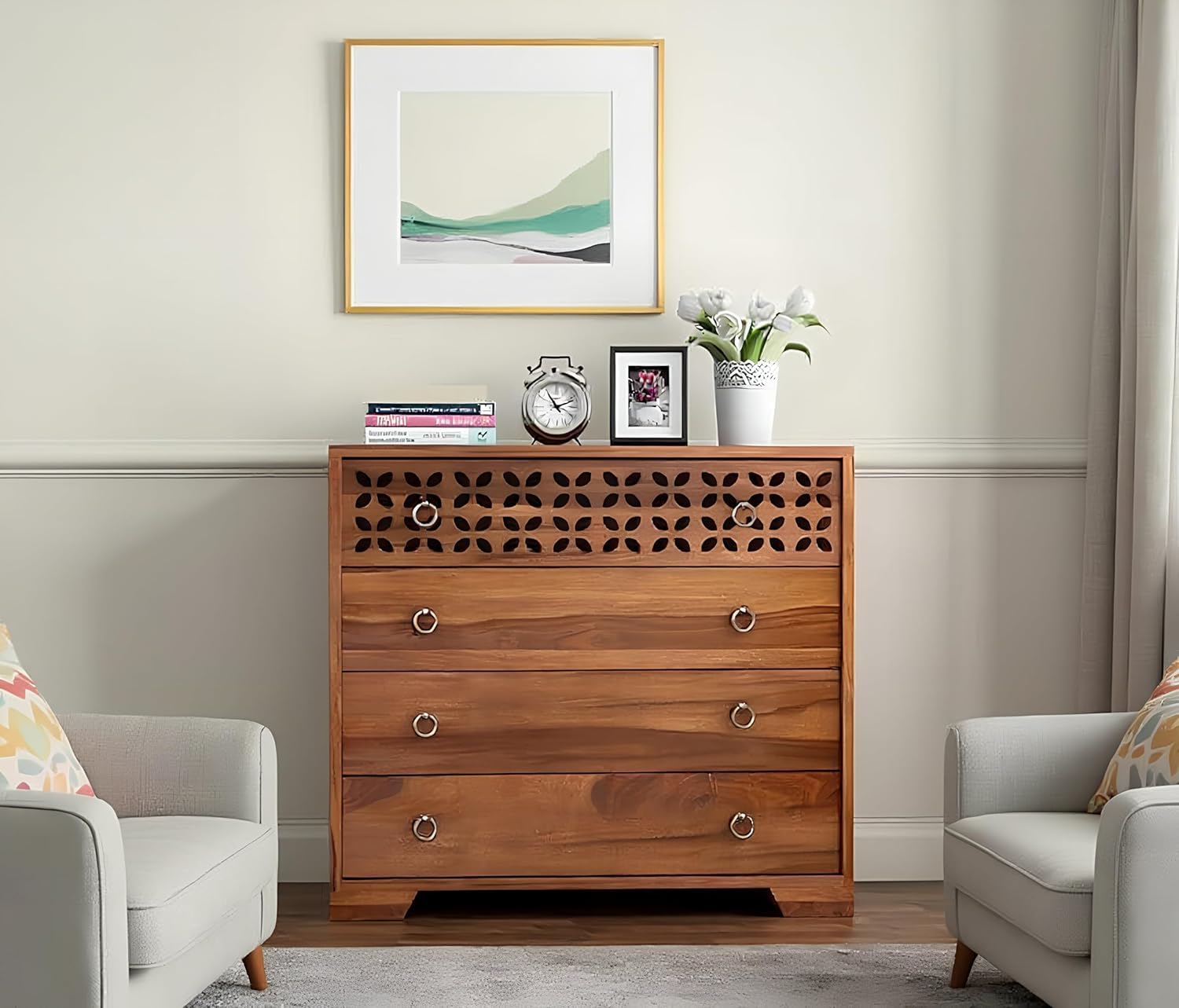 Solid Sheesham Wood Kundal Sideboard Cabinet with 4 Spacious Drawers - Multipurpose Handcrafted Wooden Chest of Drawers for Living Room, Bedroom, Hallway Storage (Honey Finish)