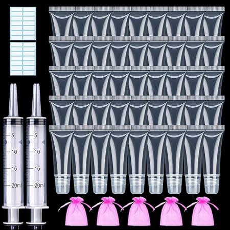AMORIX 50PCS Lip Gloss Tubes 10ml Lip Gloss Containers Empty Lip Balm Containers Refillable Lipgloss Squeeze Tubes with 2 x 20ml Syringes 5pcs Organza Bags & Tag Labels Stickers for DIY Cosmetic