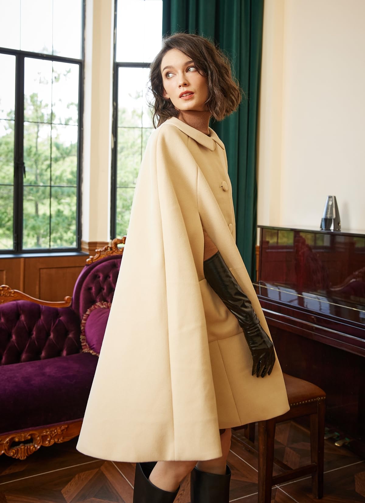 BEAUTELICATE Cape Manteau Court en Laine Mélange Tartan Poncho Chic Vintage Veste de Léopard Chaud pour Femme Soirée Mariage Quotidien de Hiver Automne Noël Halloween Deguisement avec Poches Bouton