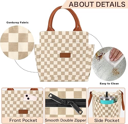 Miniatura 5 de Joymee Lonchera térmica para mujeres, lonchera de pana a cuadros, reutilizable, a prueba de fugas, bolsa de almuerzo de gran capacidad para mujeres,