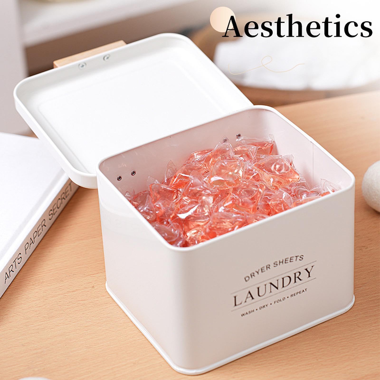 Scatola Asciugatrice Porta Asciugatrice Contenitore Organizzatore Metallo con Coperchio Design Elegante con Manico Legno, Bianco
