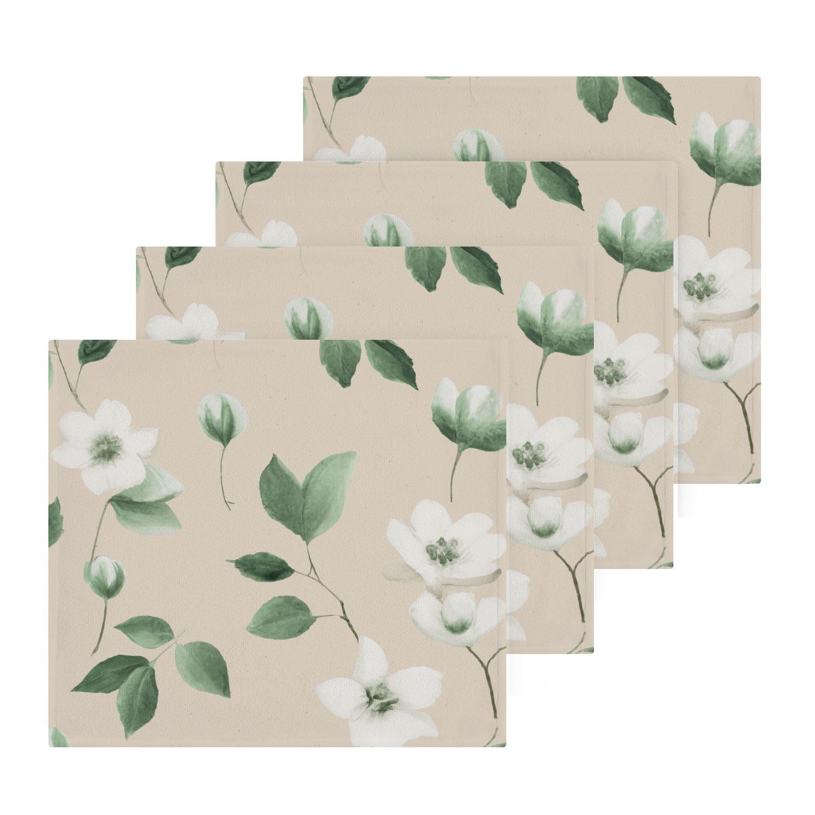 YANENDIE Pastel Flowers Beige Washcloths Towels, Highly Absorbent and Soft Cotton Face Cloths, 4 Pack Quick Dry Wash Cloths - 12 X 12 Inches